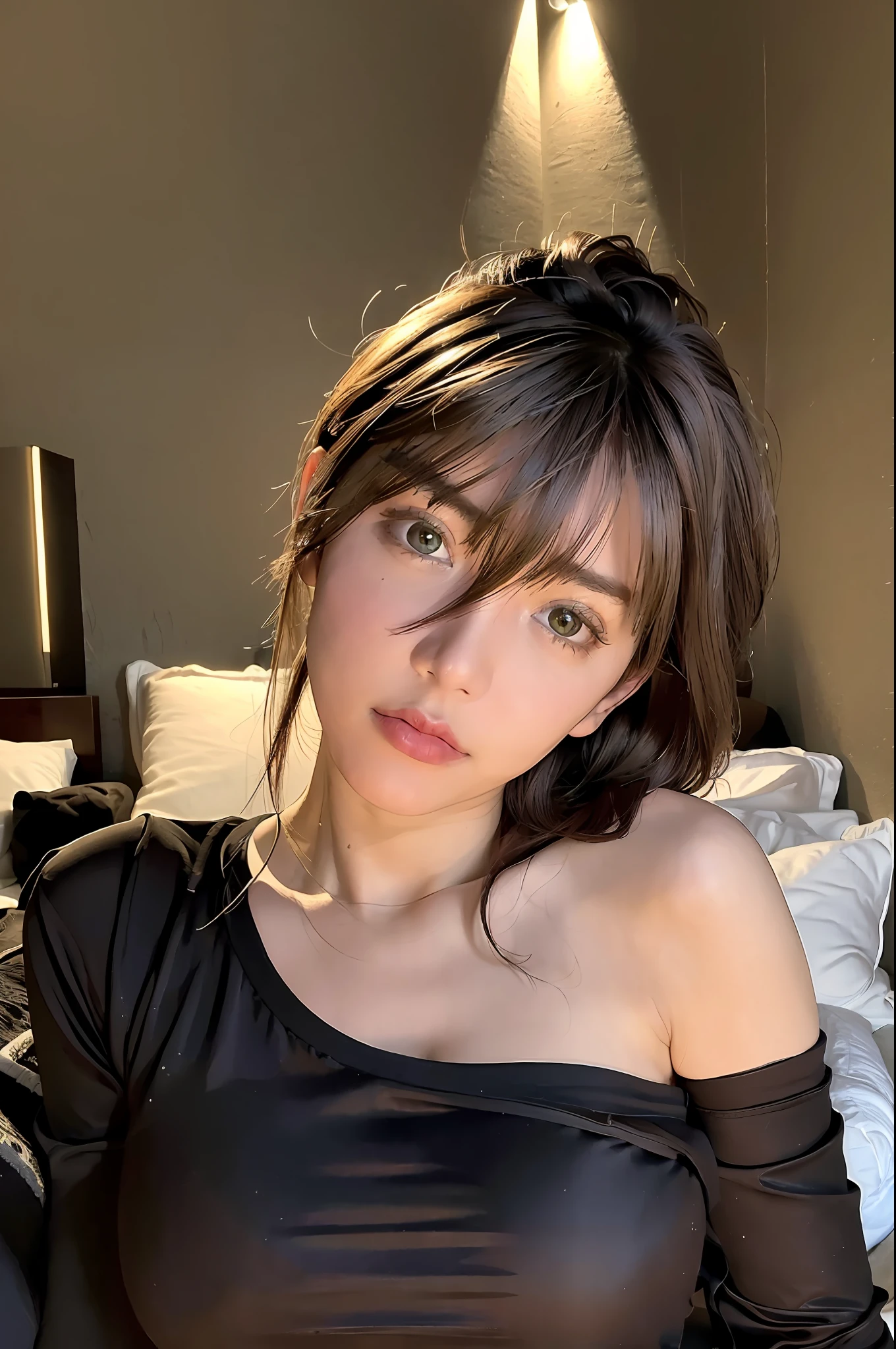 ((Night, Real Light, Top Quality, 8k, Masterpiece: 1.3)), Normal Body Shape Beautiful Girl: 1.4, (Brown Hair, Colossal: 1.3), Sexy Underwear, Lying on Bed, Open Legs, Ultra Detailed Face, Detailed Eyes, Double Eyelids