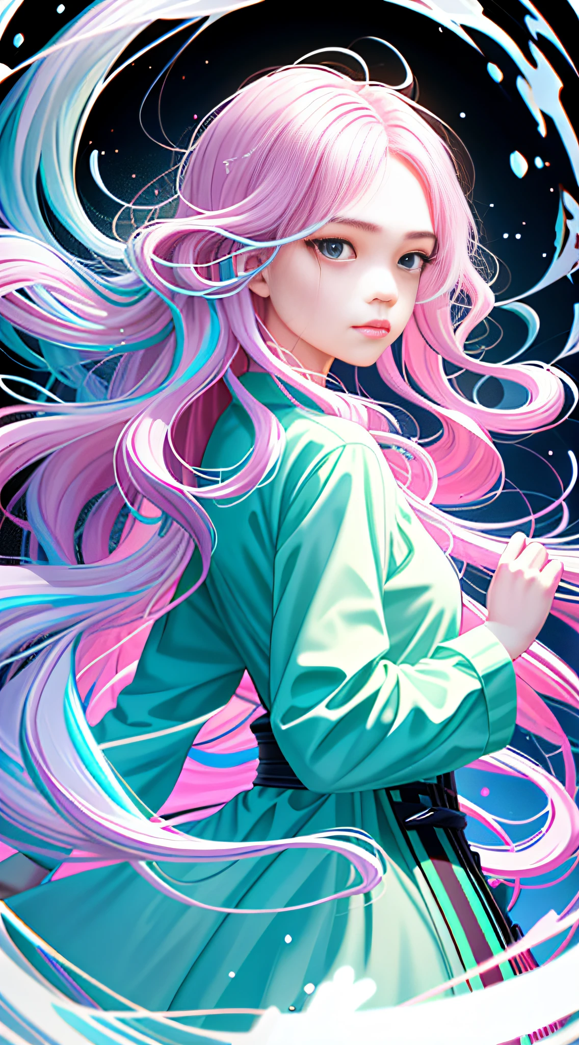 vivid color, hyper quality, vector graphics, flat color, blue theme, twirl, 2girl, sisters, face to face, face focus, looking at another, from side, detailed eyes, holding each other, upper body, spiral, spinning, ink, melting, blending, abstract, splash, hyper detailed, light blue hair, pink hair, white hair, very long hair, long locks, small breast, messy hair, iridescent eyes, green eyes, blue pupils, pink pupils, backlighting , sand, water, black background, dust, water splash, long sleeves , white clothes, splash, oversized clothes, crying, smile, sad, expressions, light particles, chromatic aberration, pink flower petal, limited palette, wavy hair, floating hair, disheveled hair, transparent background, hair background, teardrops, distorting hair, blending hair into background, caustics, no gravity, fisheye lens, vanishing point, continuous branch, branching hair, paint splatter,