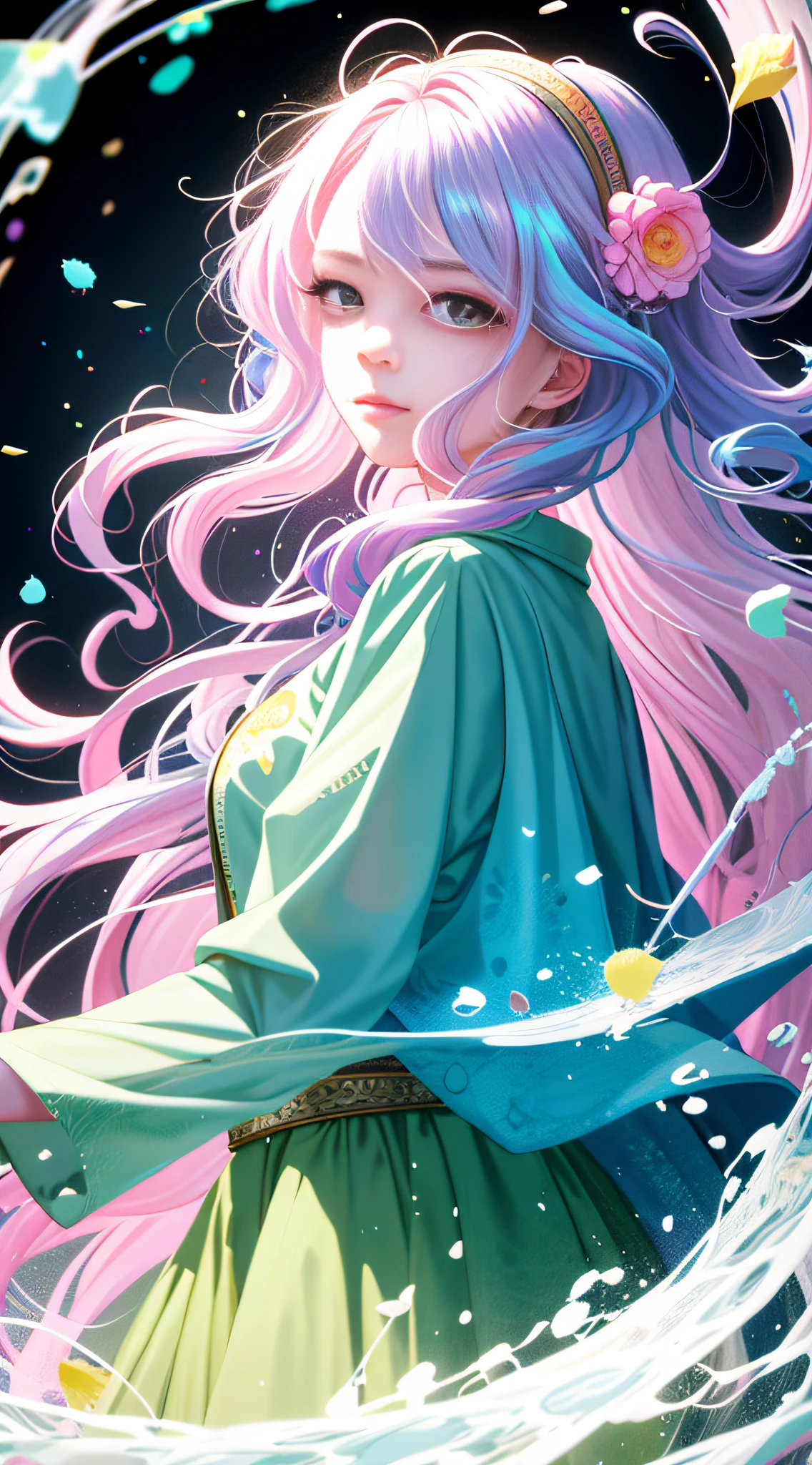 vivid color, hyper quality, vector graphics, flat color, blue theme, twirl, 2girl, sisters, face to face, face focus, looking at another, from side, detailed eyes, holding each other, upper body, spiral, spinning, ink, melting, blending, abstract, splash, hyper detailed, light blue hair, pink hair, white hair, very long hair, long locks, small breast, messy hair, iridescent eyes, green eyes, blue pupils, pink pupils, backlighting , sand, water, black background, dust, water splash, long sleeves , white clothes, splash, oversized clothes, crying, smile, sad, expressions, light particles, chromatic aberration, pink flower petal, limited palette, wavy hair, floating hair, disheveled hair, transparent background, hair background, teardrops, distorting hair, blending hair into background, caustics, no gravity, fisheye lens, vanishing point, continuous branch, branching hair, paint splatter,