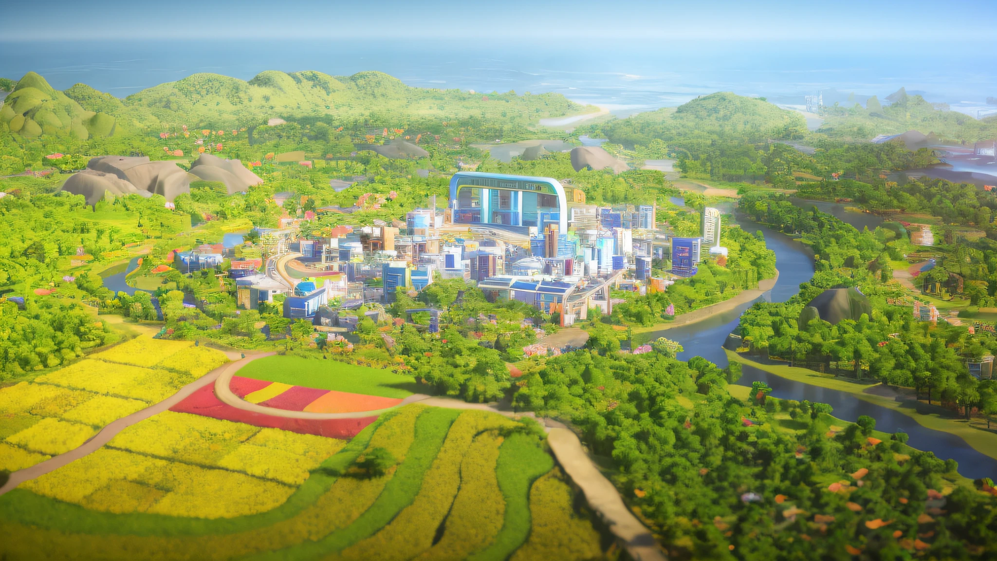 arafed view of a city surrounded by trees and a river, tropical coastal city, screenshot from simcity pc game, detailed photo of virtual world, landscape of a future city, villages , unreal engine, game cg, entire city in view, town background, sunrise over solarpunk city, official screenshot, township, hyperdetailed!, town center background