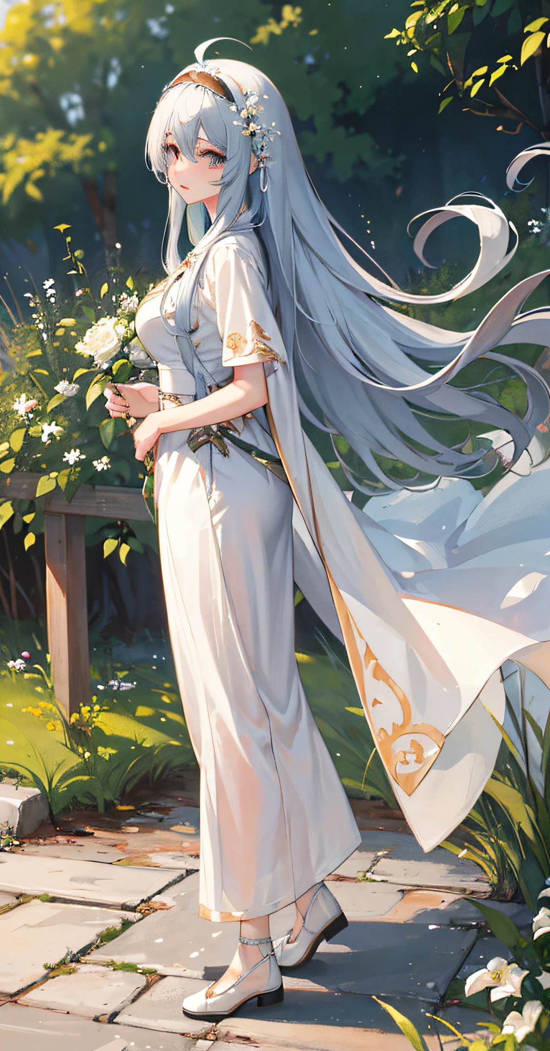 (Masterpiece: 1.5), (Best Quality: 1.5), (Super Fine: 1.5), Illustration, Denim Photo, 1 Girl, Solo, (Building), Perfect Face, Radiant Skin, Long Hair, Slender Legs, Small White Shoes, Beautiful Delicate Eyes, Beautiful Long Flowing Hair, (ru_qun:1.5), (Hanfu: 1.5), Hanfu, White Dress, White Stockings, (Bloom), Lighting, Ray Tracing, Outdoor, Mountains, Nature, Hair Accessory, Headband, Hands on Hips, Looking at the audience, ahoge, big breasts, (depth of field: 1.5), headdress, forest,