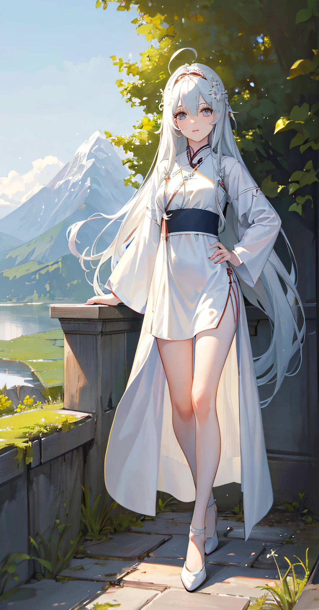 (Masterpiece: 1.5), (Best Quality: 1.5), (Super Fine: 1.5), Illustration, Denim Photo, 1 Girl, Solo, (Building), Perfect Face, Radiant Skin, Long Hair, Slender Legs, Small White Shoes, Beautiful Delicate Eyes, Beautiful Long Flowing Hair, (ru_qun:1.5), (Hanfu: 1.5), Hanfu, White Dress, White Stockings, (Bloom), Lighting, Ray Tracing, Outdoor, Mountains, Nature, Hair Accessory, Headband, Hands on Hips, Looking at the audience, ahoge, big breasts, (depth of field: 1.5), headdress, forest,