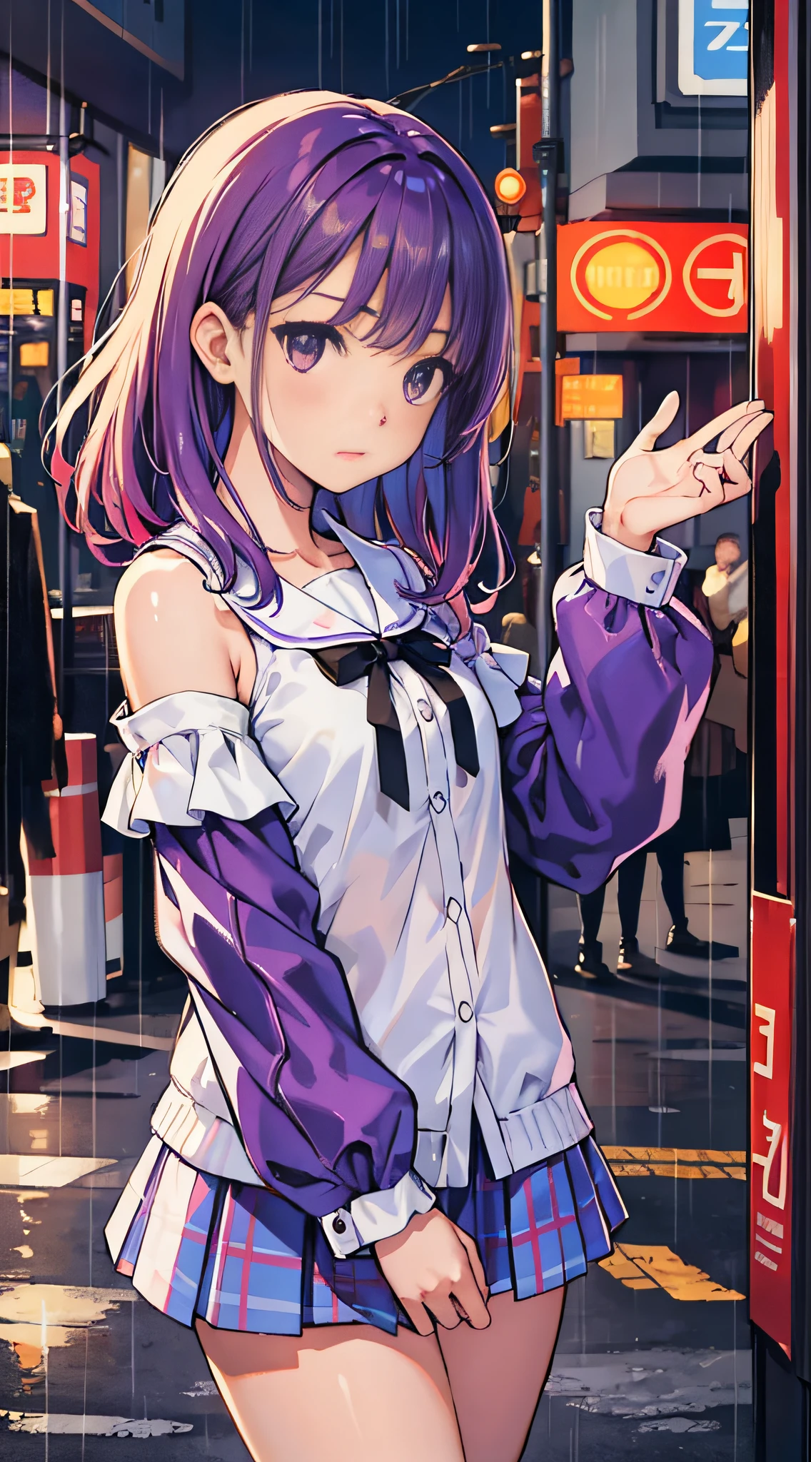 masterpiece, highest quality, realistic, subsurface scattering, chromatic lighting,
colorized, red + white + purple + blue limited color palette, detailed concept drawing, line-art, illustration,
fashion,
close-up of 18yo 1girl,small breasts,
shy,
bangs hair,
urban outfit,
sleeves,
pleated,
metallic,
city,
school, people,
rain
blurred background