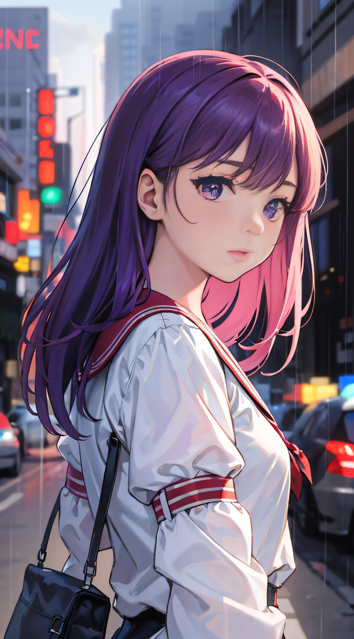 masterpiece, highest quality, realistic, subsurface scattering, chromatic lighting,
colorized, red + white + purple + blue limited color palette, detailed concept drawing, line-art, illustration,
fashion,
close-up of 18yo 1girl,small breasts,
shy,
bangs hair,
urban outfit,
sleeves,
pleated,
metallic,
city,
school, people,
rain
blurred background
