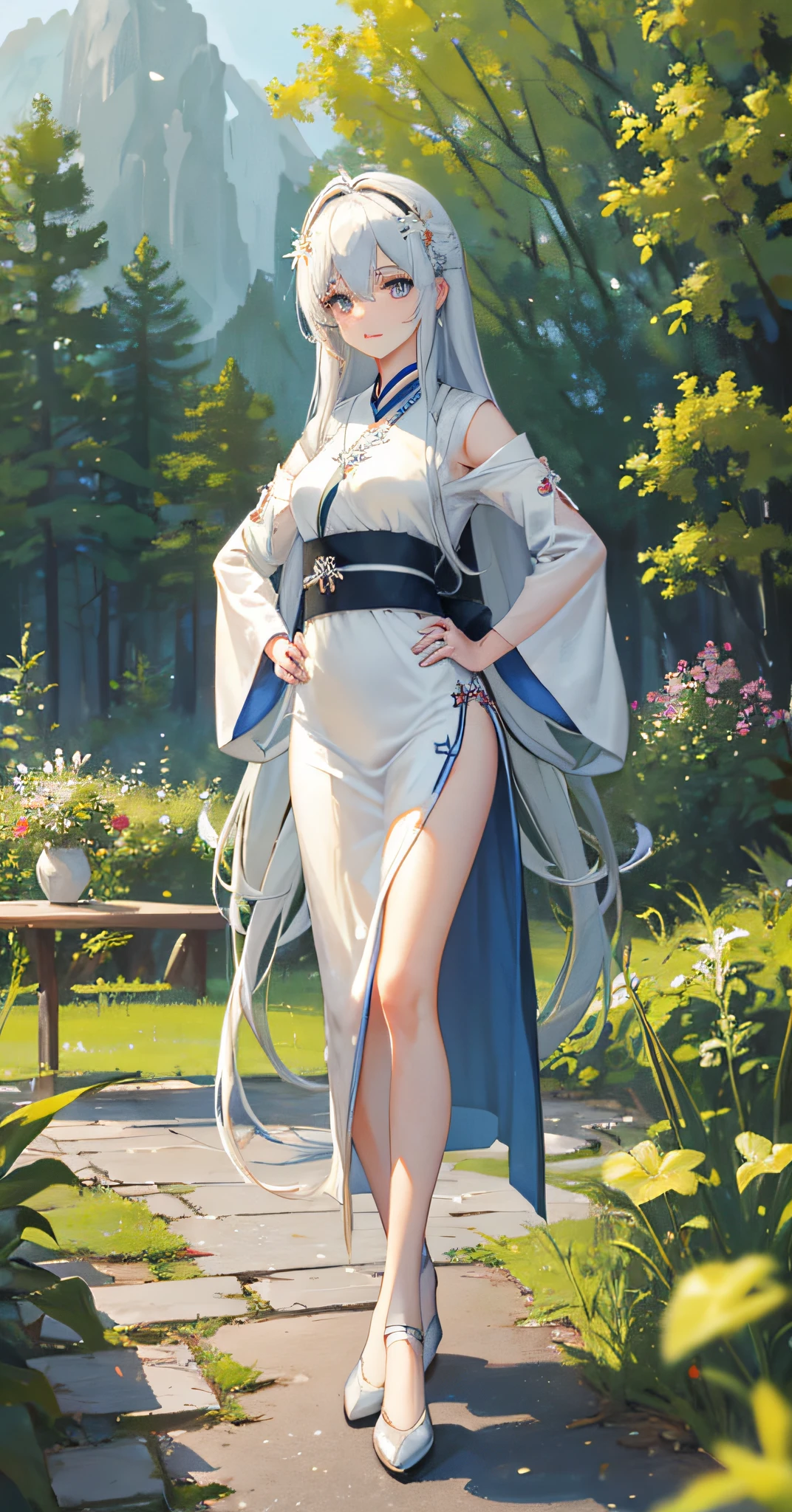 (Masterpiece: 1.5), (Best Quality: 1.5), (Super Fine: 1.5), Illustration, Denim Photo, 1 Girl, Solo, (Building), Perfect Face, Radiant Skin, Long Hair, Slender Legs, Small White Shoes, Beautiful Delicate Eyes, Beautiful Long Flowing Hair, (ru_qun:1.5), (Hanfu: 1.5), Hanfu, White Dress, White Stockings, (Bloom), Lighting, Ray Tracing, Outdoor, Mountains, Nature, Hair Accessory, Headband, Hands on Hips, Looking at the audience, ahoge, big breasts, (depth of field: 1.5), headdress, forest,