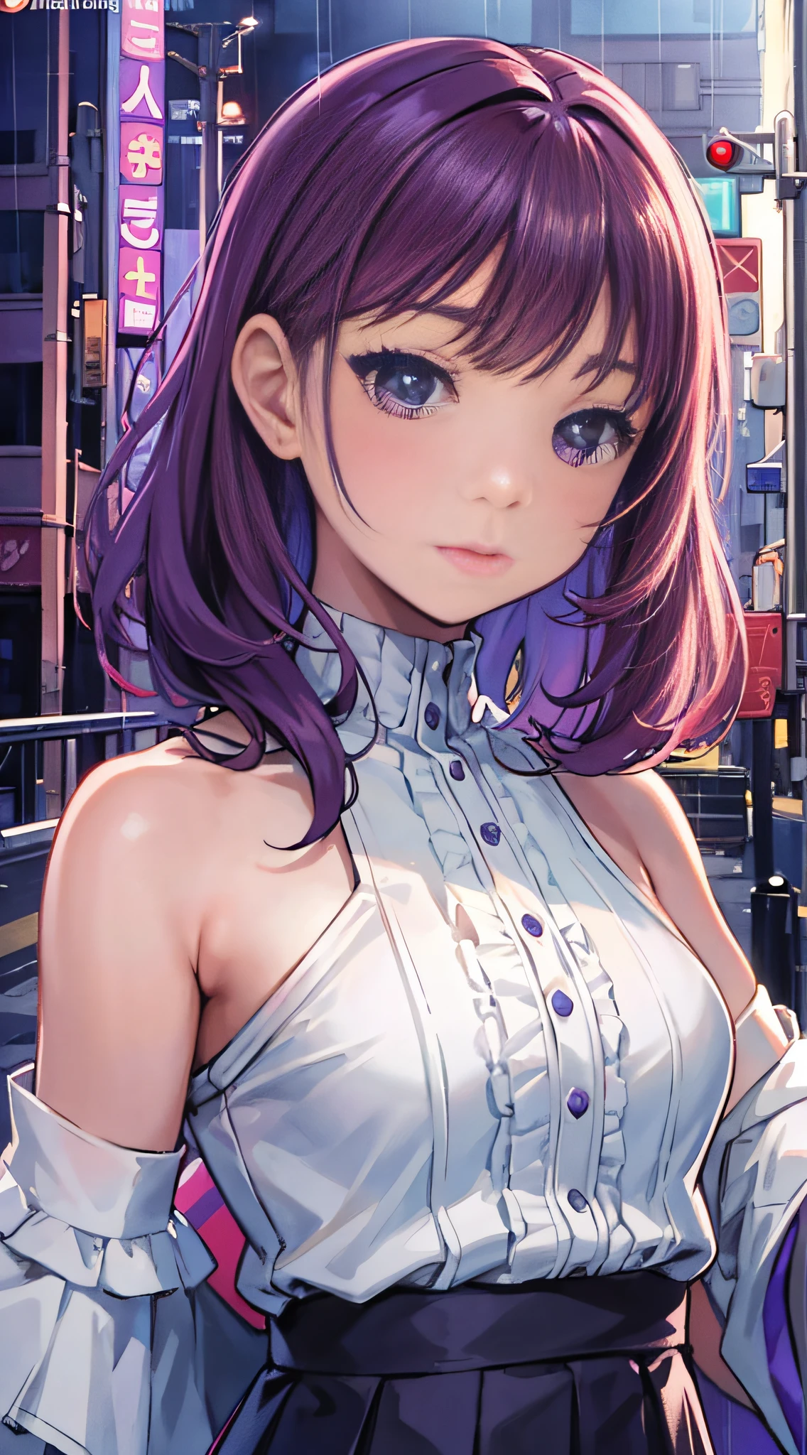 masterpiece, highest quality, realistic, subsurface scattering, chromatic lighting,
colorized, red + white + purple + blue limited color palette, detailed concept drawing, line-art, illustration,
fashion,
close-up of 18yo 1girl,small breasts,
shy,
bangs hair,
urban outfit,
sleeves,
pleated,
metallic,
city,
school, people,
rain
blurred background