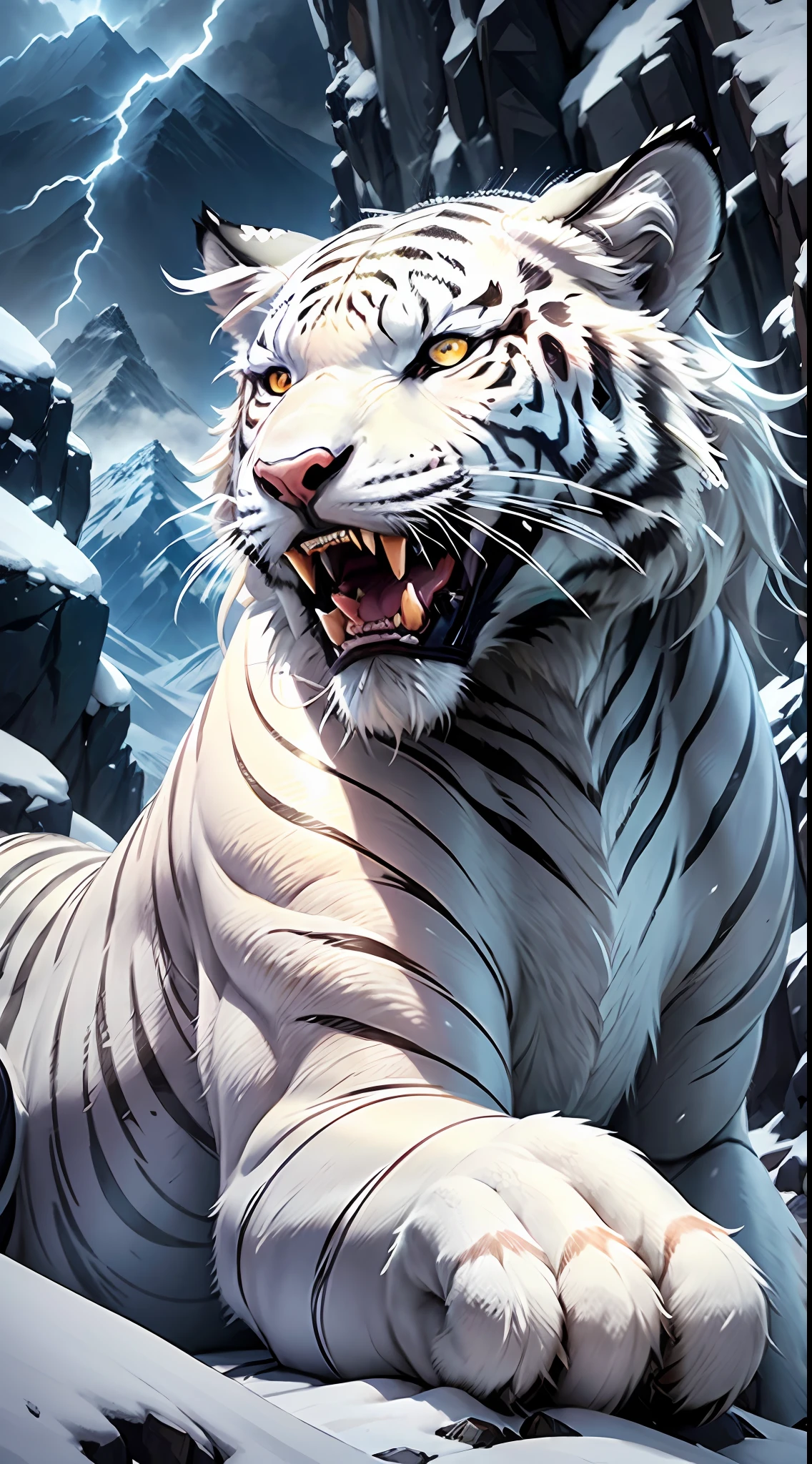 Mountains and seas through the white tiger, divine beast, white tiger body tall, strong, white hair, its eyes bright and godly, several feet in length, the white tiger is a mountain spirit beast, its divine light Rui, the white tiger is a large, snow-white spirit beast, living above the nine peaks, the tiger descends the mountain, the background is lofty mountains, there are ancient buildings below, lightning and lightning, lightning, face and face exquisite details, mouth open, perfect fangs, neck with thick mane, clear outline, perfect details, epic composition, grand scene, super realistic, surreal,