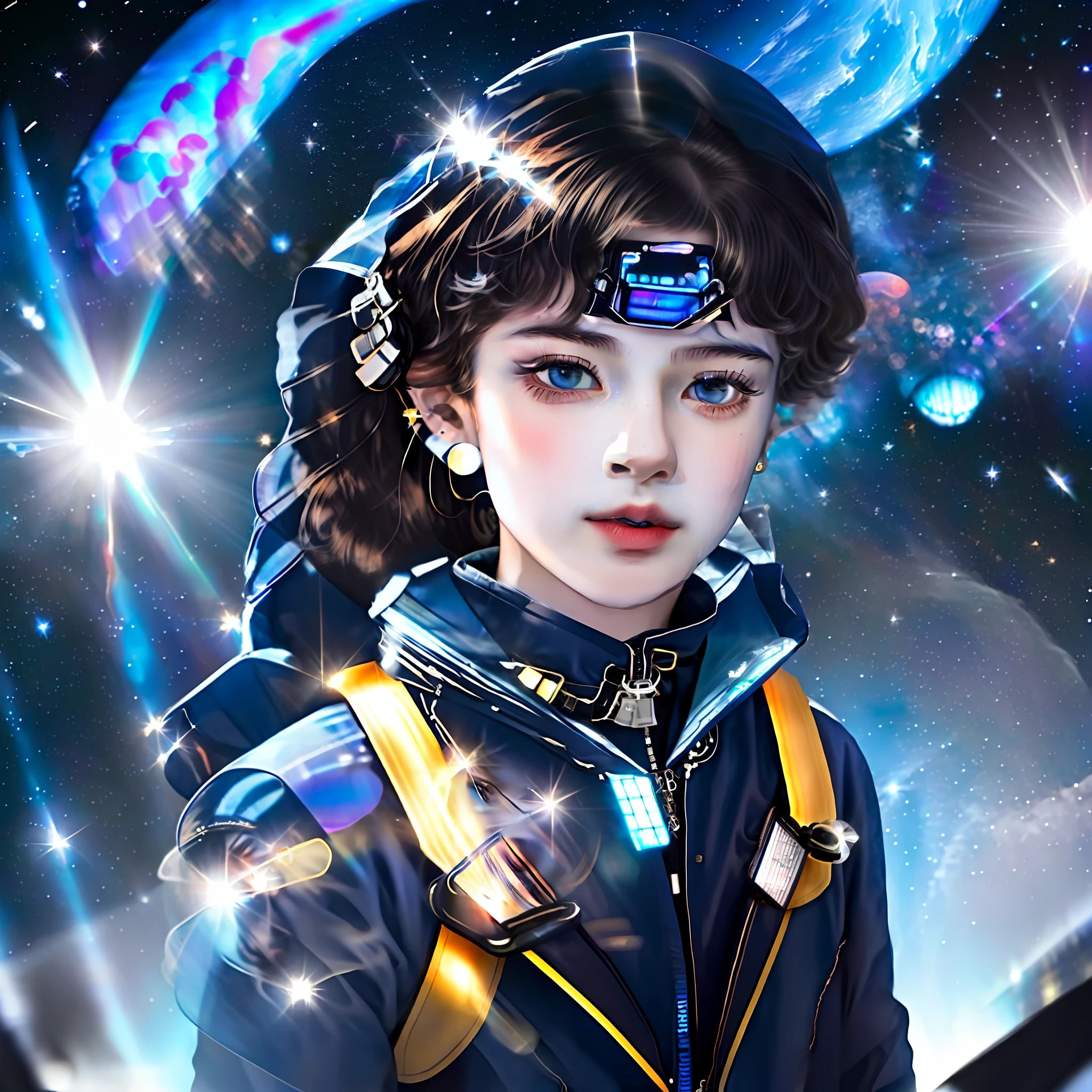 The space station has fluorescent jellyfish and a large viewing window that allows you to see the vast universe. The background is gray light, natural stereo lighting casts soft shadows and highlights on the boy's face and spacesuit, stars twinkle in the distance, and a nearby planet casts a blue glow on the boy's face. The room is equipped with state-of-the-art technology, including a control panel, touchscreen, and holographic display that displays data and images from the surrounding space. In the distance, several other astronauts can be seen floating in the air in their own spacesuits, performing various missions and experiments. In general, the image should convey a feeling of futuristic technology and space exploration, ultra-clear, sense of light and shadow, black cape cape, black hair, handsome boy, Asian handsome boy, the world's first handsome, high cold, sunlight, stars and sea, cosmic background, fluorescent jellyfish, frontal portrait of the figure, master work, kingly style, black spacesuit, black cape, gold decoration, gold trim, golden pupil, scavenger backpack
