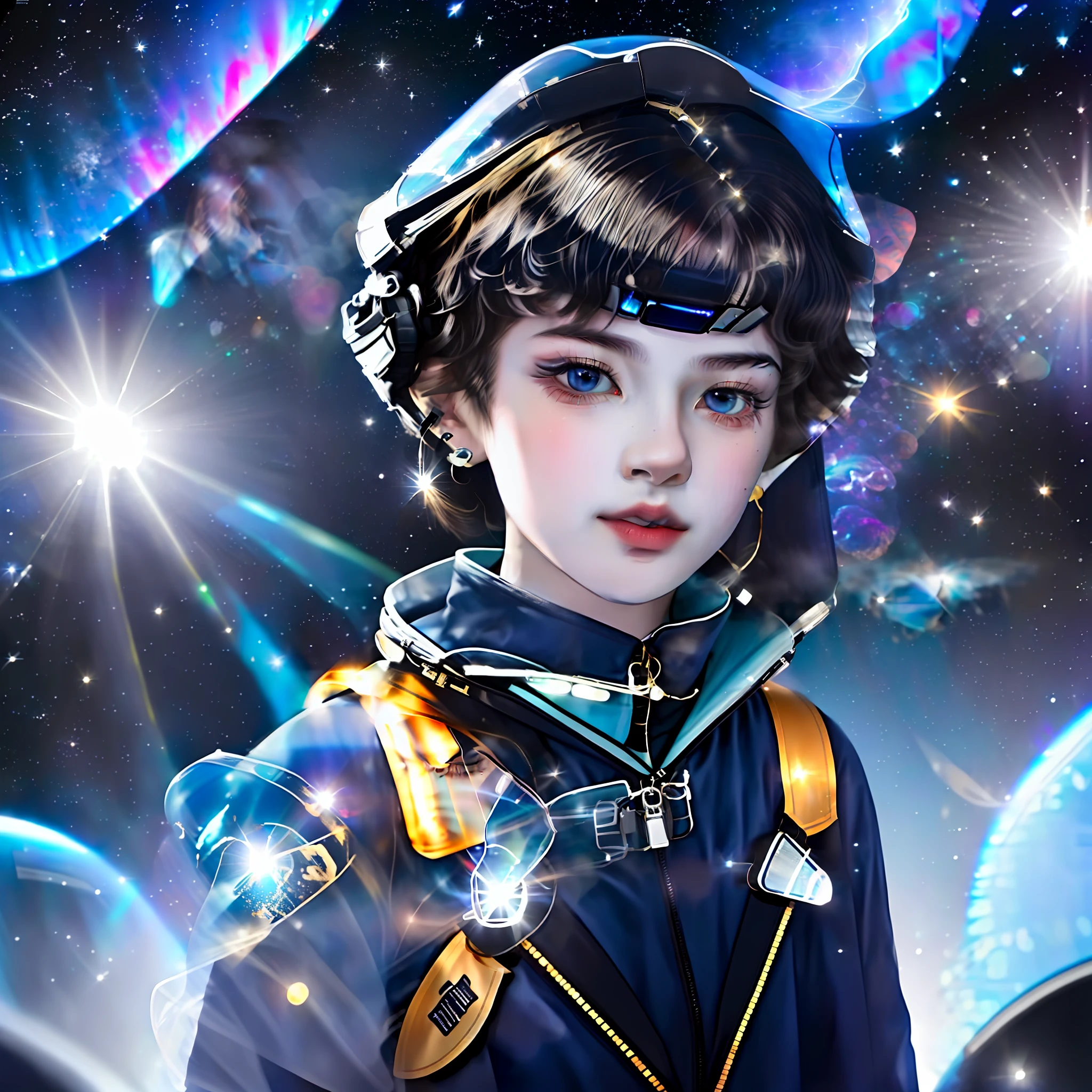 The space station has fluorescent jellyfish and a large viewing window that allows you to see the vast universe. The background is gray light, natural stereo lighting casts soft shadows and highlights on the boy's face and spacesuit, stars twinkle in the distance, and a nearby planet casts a blue glow on the boy's face. The room is equipped with state-of-the-art technology, including a control panel, touchscreen, and holographic display that displays data and images from the surrounding space. In the distance, several other astronauts can be seen floating in the air in their own spacesuits, performing various missions and experiments. In general, the image should convey a feeling of futuristic technology and space exploration, ultra-clear, sense of light and shadow, black cape cape, black hair, handsome boy, Asian handsome boy, the world's first handsome, high cold, sunlight, stars and sea, cosmic background, fluorescent jellyfish, frontal portrait of the figure, master work, kingly style, black spacesuit, black cape, gold decoration, gold trim, golden pupil, scavenger backpack