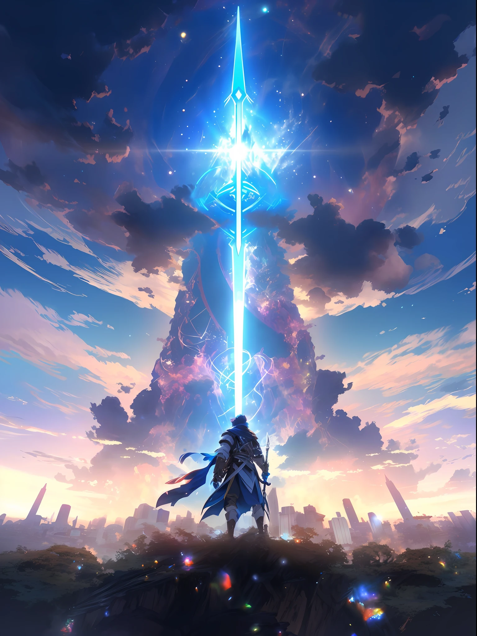 Anime anime sword with a man back standing on a mountain in sky background, anime epic artwork, 2. 5d CGI anime fantasy artwork, epic light novel art cover, anime key visual concept art, concept art wallpaper 4k, epic light novel cover art, anime fantasy artwork, anime key art, anime art wallpaper 4k, anime art wallpaper 4k