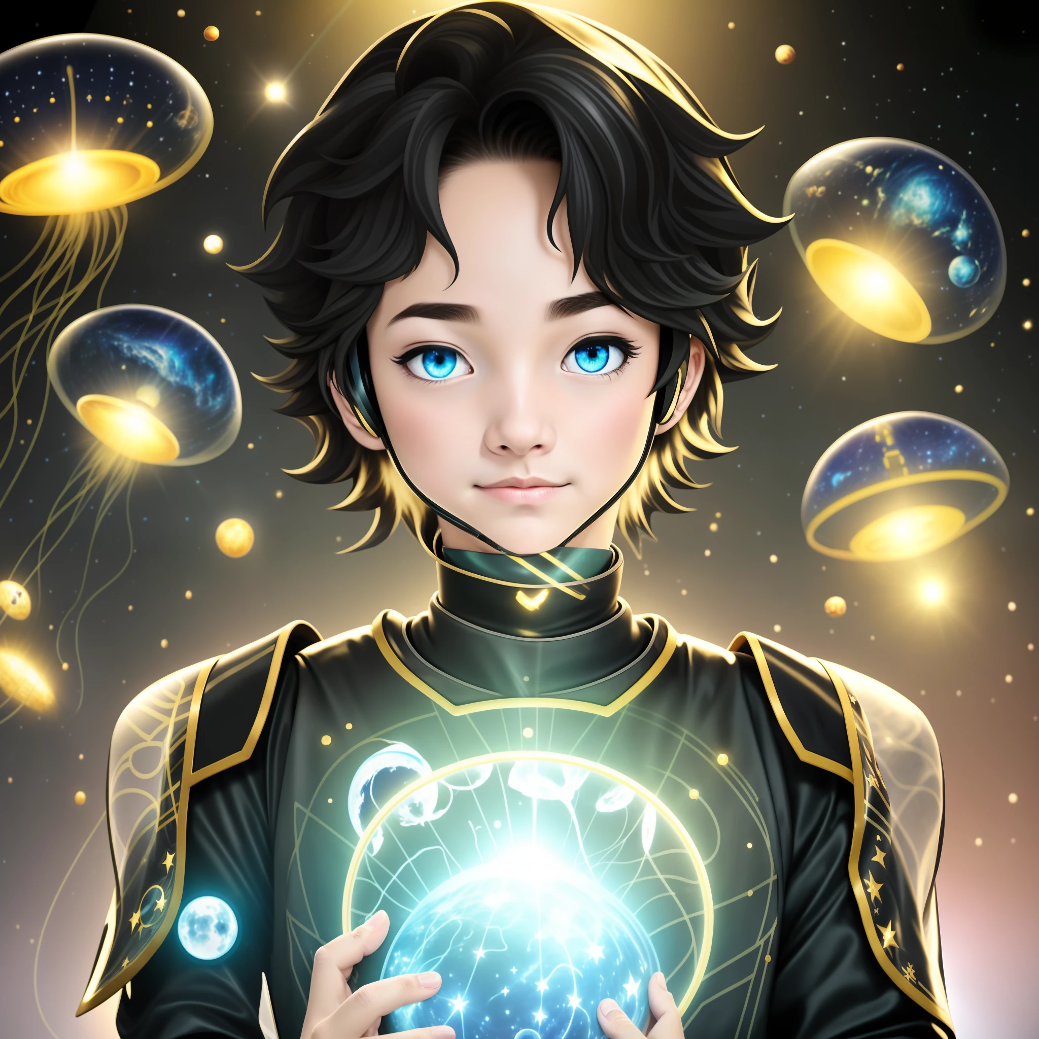 The space station has fluorescent jellyfish and a large viewing window that allows you to see the vast universe. The background is gray light, natural stereo lighting casts soft shadows and highlights on the boy's face and spacesuit, stars twinkle in the distance, and a nearby planet casts a blue glow on the boy's face. The room is equipped with state-of-the-art technology, including a control panel, touchscreen, and holographic display that displays data and images from the surrounding space. In the distance, several other astronauts can be seen floating in the air in their own spacesuits, performing various missions and experiments. In general, the image should convey a feeling of futuristic technology and space exploration, ultra-clear, sense of light and shadow, black cape cloak, black hair, handsome boy, Asian handsome pro-year, the world's first handsome, high cold, sunshine, sea of stars, cosmic background, fluorescent jellyfish, front photos of characters, master works, kingly style, black spacesuit, black cape, gold decoration, gold trim, golden pupils, handsome guy, handsome guy, handsome guy