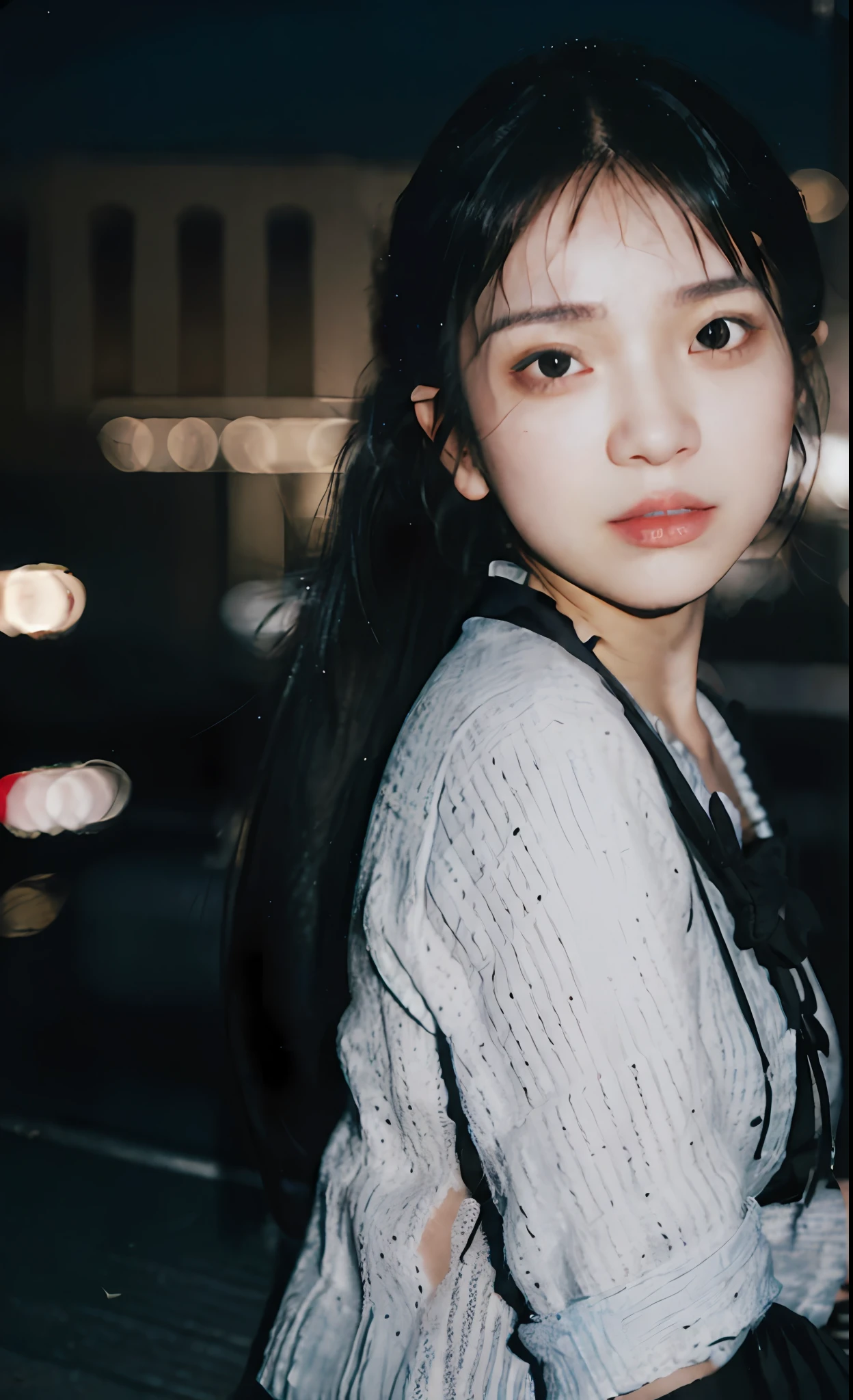 1girl, skirt, ponytail, riverside, fashion accessories, (realistic eye details, natural skin texture, confident expression), cityscape background, dynamic composition, engaging pose, soft and eye-catching lighting at night, shallow depth of field, city light bokeh, clear face detail, highly detailed, ultra-realistic, 50mm lens, natural blurred background.