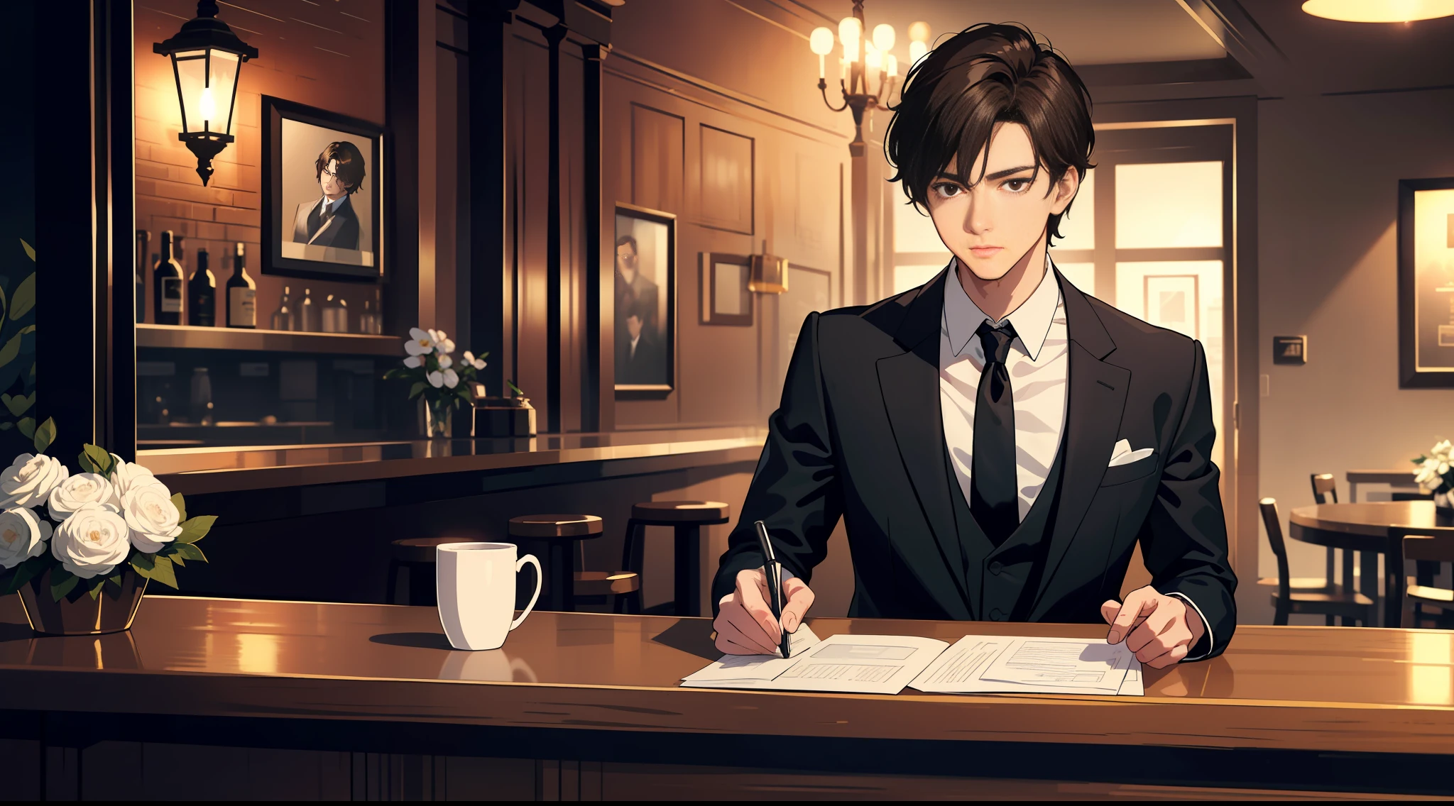 Masterpiece, best quality, (1man:1.3), mature man, black suit, white shirt, short brown hair, bar scene, delicate facial features, black eyes, white skin, dimly lit