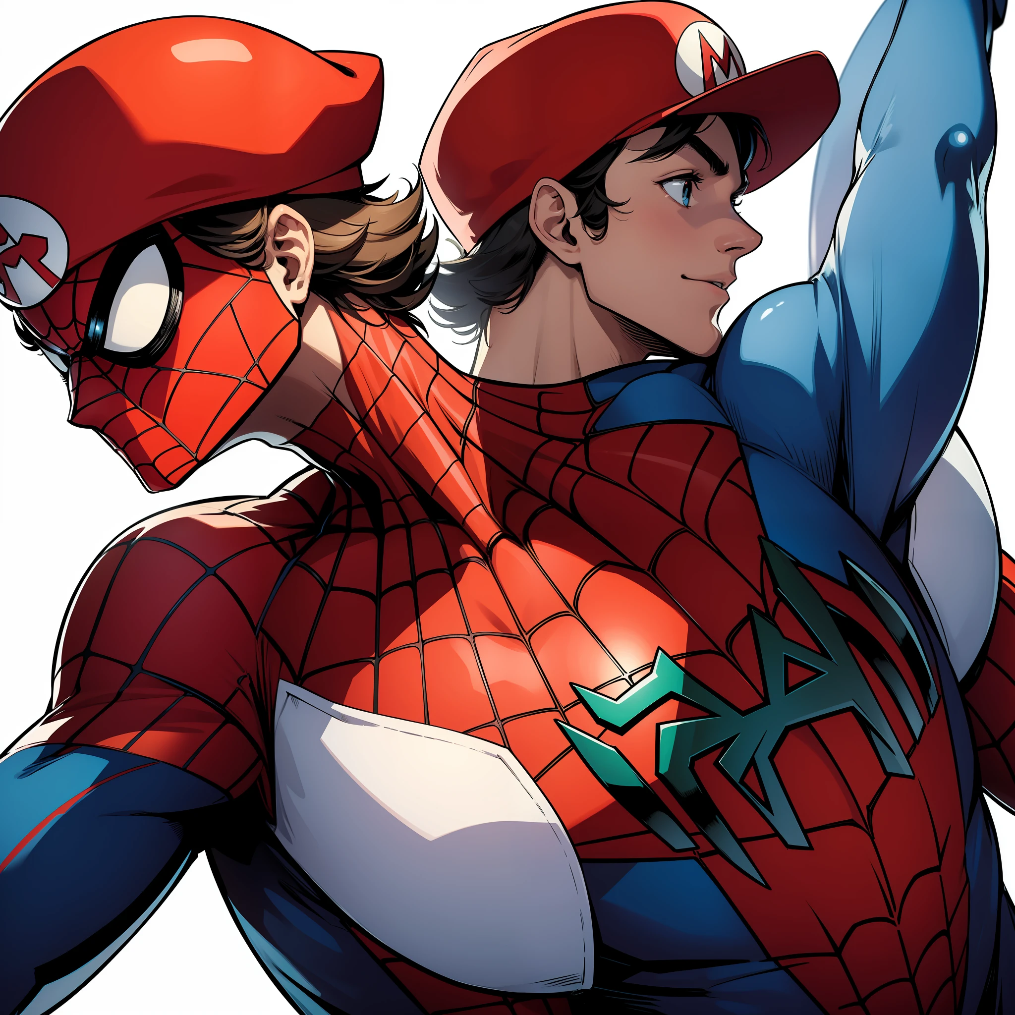 (masterpiece), maximum quality, comic book style, Spiderman in close-up, plain white background, Mario Bros cap on his head, profile view, looking right, no mask, big bright eyes, cartoonish and funny.