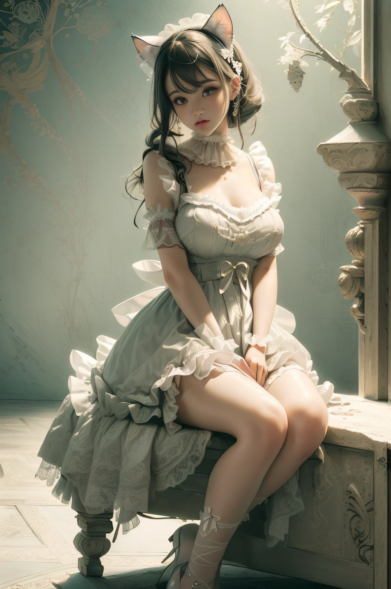 [Detailed illustrations, art based on extremely ideal anatomy, very detailed and detailed drawings, slow and delicate lines, realistic texture expression],(((Color tressed main lines)),(Artwork with outstanding craftsmanship),(((Strange bedroom background)),Girl Japanese Beauty  (Luxury girl) [Cat ears (plump) (large, drooping breasts, (wide areolas))],( Babydoll) White corset (Ribbon ruffled lace fabric ((Lolita fashi0.4)))),(Realistic and lustrous skin expression ((High humidity))(Soft body)),(((Seated)) (Weakness)) Gravure,Transparency Soft ambient light,((Fine and beautiful skin expression (transparency)))),((Clear gaze)),((Perfect eye details (Beautifully drawn eyes in detail) ),(Beautiful perfect face (realistic face details)),((Beautiful hair details)),(Perfectly proportioned proportions)),(High-level built design,((Advanced structural understanding of materials)),Ideal color coordination),((Artistic decoration)) ((Dense details)),((Detail,High definition)),[(Ultra-precision detail),((Multi-layered texture) ), HighQuality, High Resolution],((Accurate simulation of light-material interaction, understanding of air flow, mechanically correct representation)),(((Visual art with a sense of narrative)).