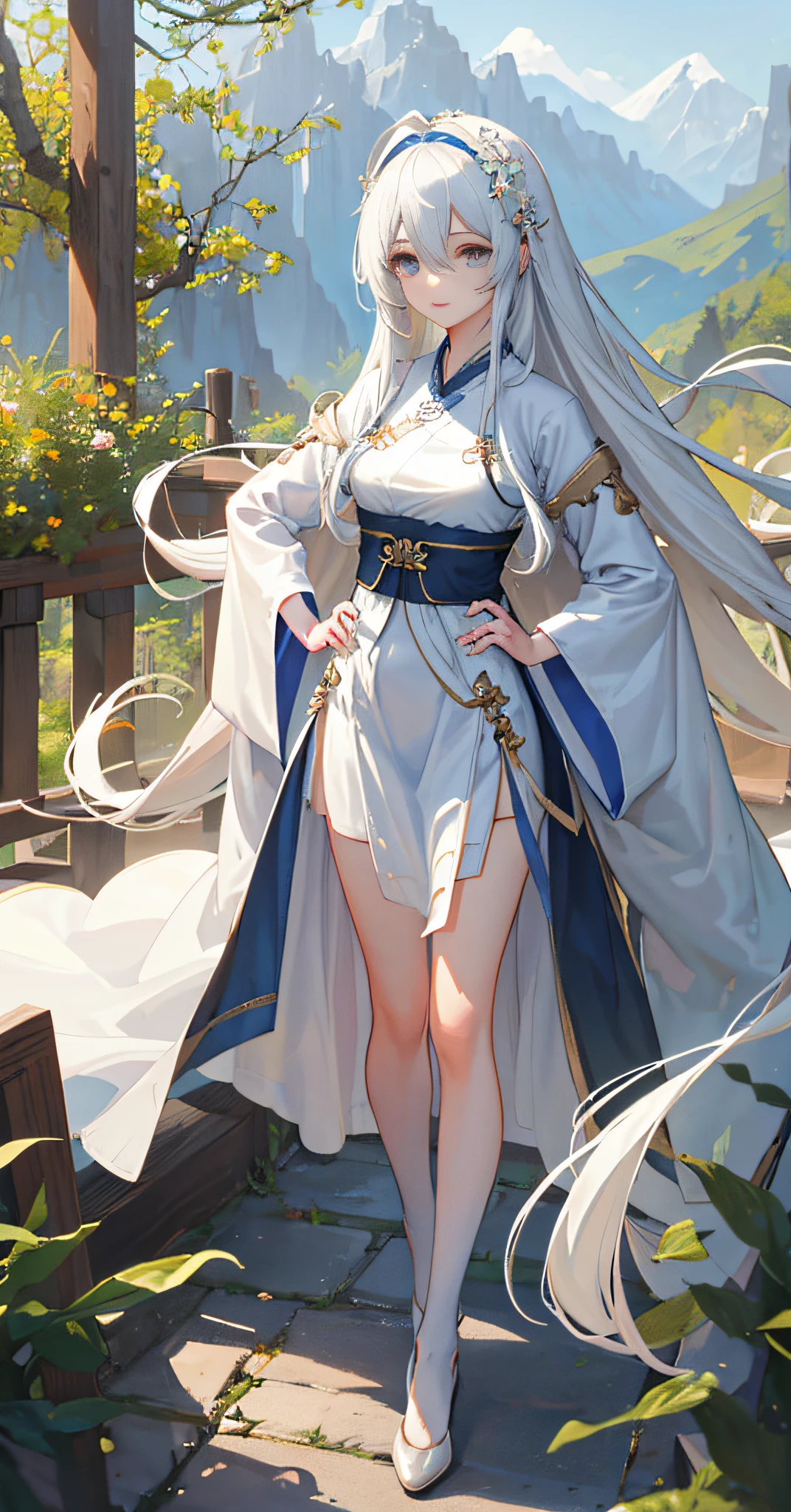 (Masterpiece: 1.5), (Best Quality: 1.5), (Super Fine: 1.5), Illustration, Denim Photo, 1 Girl, Solo, (Building), Perfect Face, Radiant Skin, Long Hair, Slender Legs, Small White Shoes, Beautiful Delicate Eyes, Beautiful Long Flowing Hair, (ru_qun:1.5), (Hanfu: 1.5), Hanfu, White Dress, White Stockings, (Bloom), Lighting, Ray Tracing, Outdoor, Mountains, Nature, Hair Accessory, Headband, Hands on Hips, Looking at the audience, ahoge, big breasts, (depth of field: 1.5), headdress, forest,