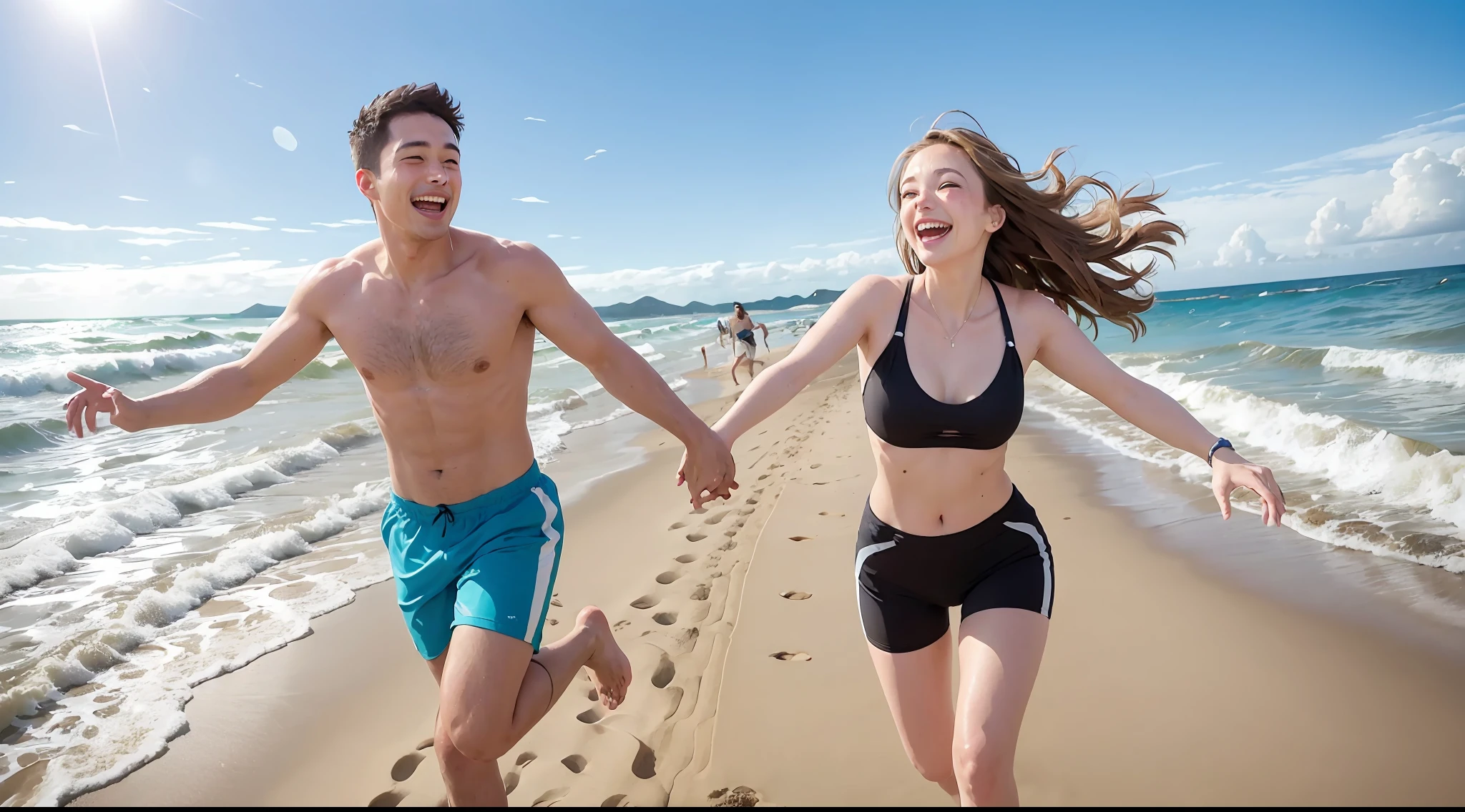 Capture a moment of pure joy and fun by showing the couple playing on a sunny beach. They're running across the sand, holding hands, laughing nonchalantly. Highlight the radiant smiles and bright eyes, conveying the positive energy and genuine connection they share.