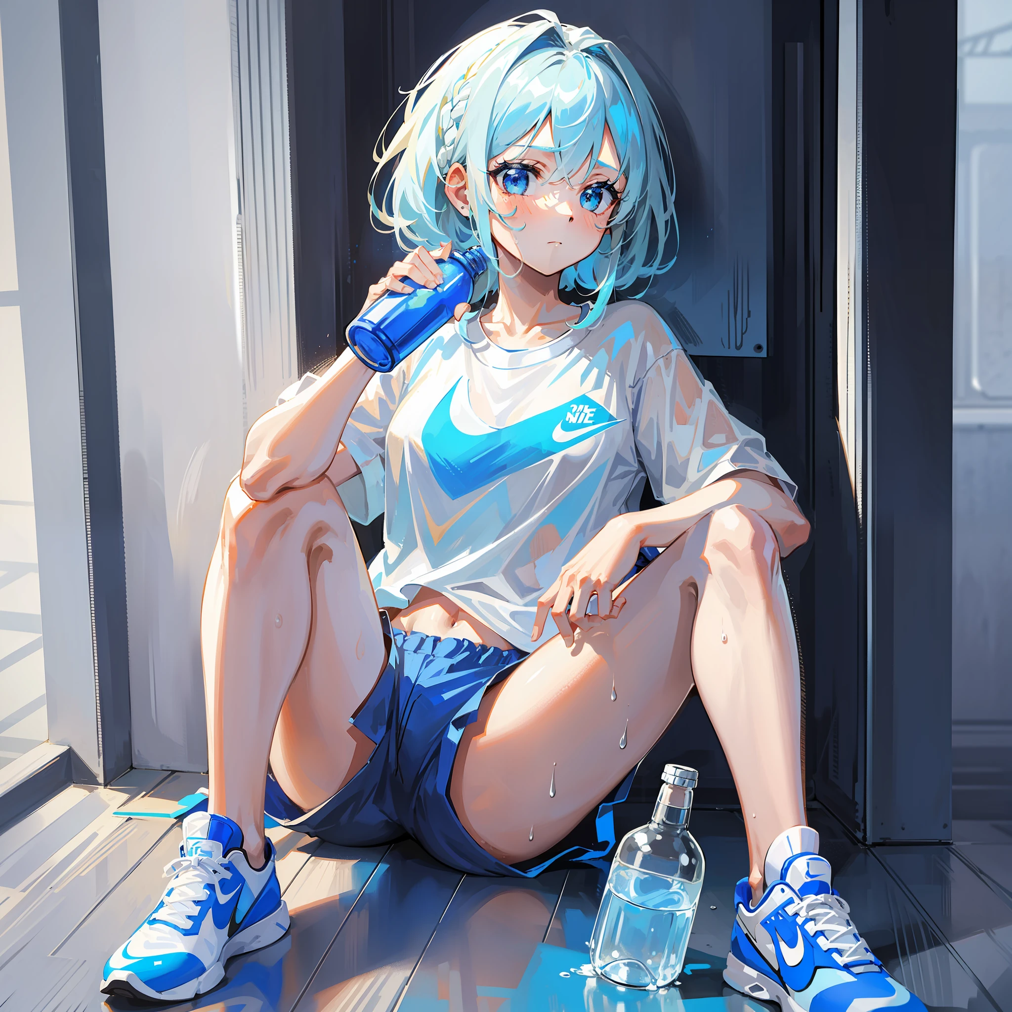 Draw a girl blue and white hair, in white shorts, black nike shirt, full body, sweaty, with a bottle in hand