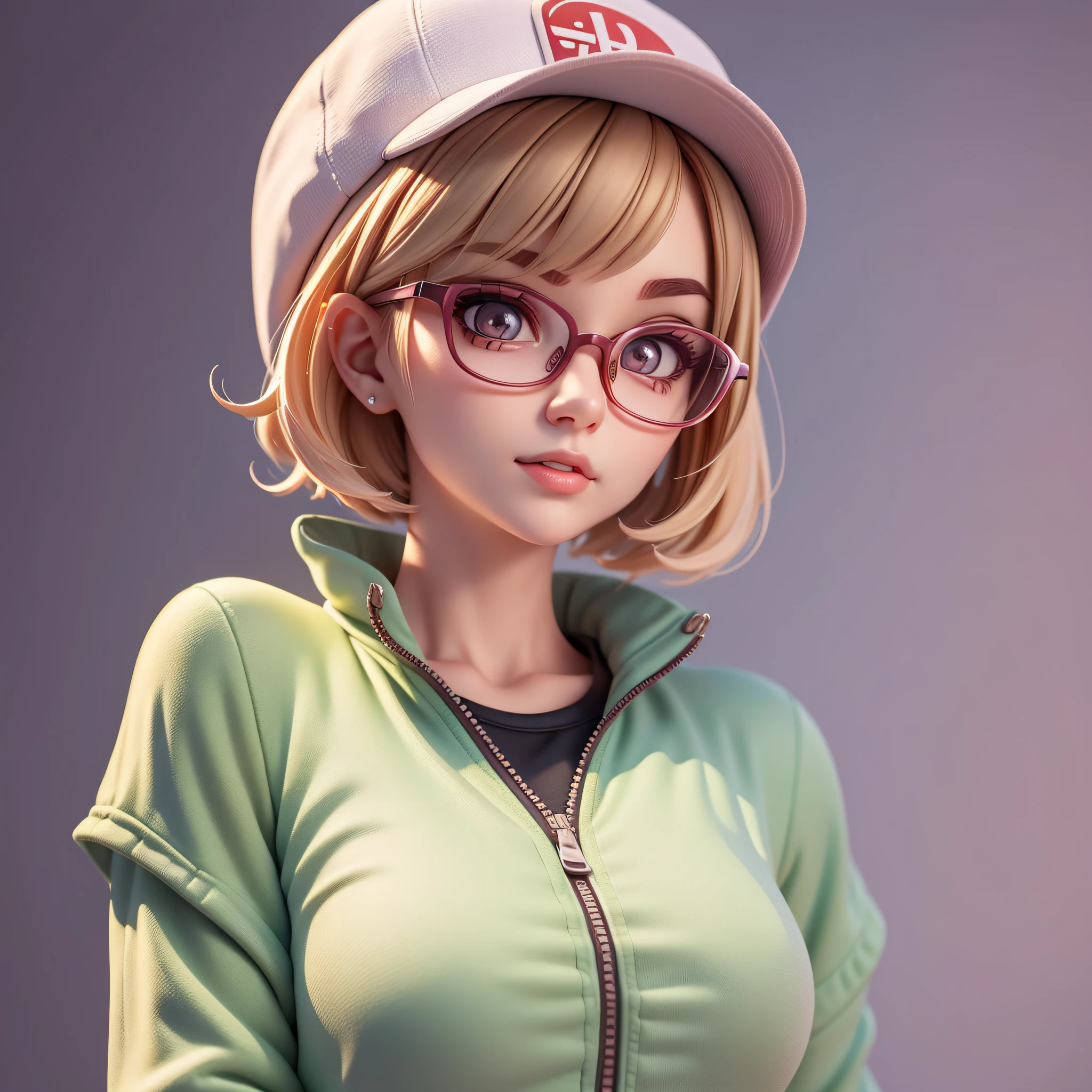 (Pixar 1.25 style) 1 virgin ((upper body front, bust shot)), solo, front, very pretty face, very detailed eyes, very detailed nose, very detailed mouth, short hair, beauty, Korean, sophisticated feeling, sportswear, glasses, hats, downtown area, ((masterpiece, highest quality)), (composite lighting)