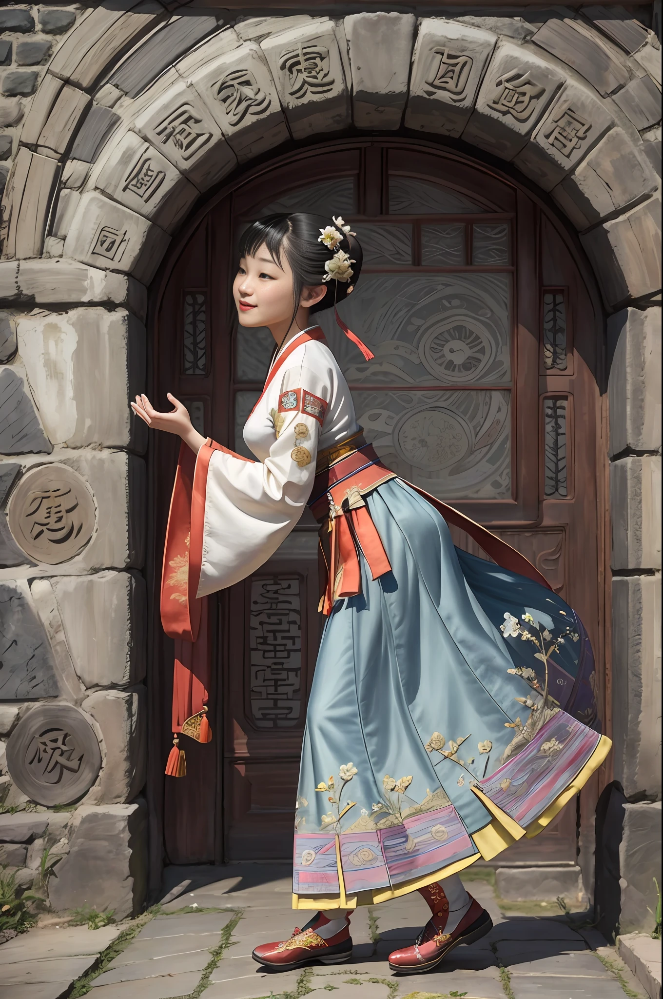 (8K, Top Quality, Masterpiece: 1), (Realistic, Photorealistic: 1), Cute, (Smile: 0.9), (Mouth Closed), Small Breasts, Solo, Beautiful Detailed Eyes, Perfect Face, Song Hanfu, 1 Girl, Longchamp, Pleated Champ Skirt, Absurdity, High Resolution, Ultra Detailed, (Princess, Solo: 1.1), Stylish Pose, Textile Manipulation, Textile Design, Embroidery, Innovative Technology, Tactile Works,(Full Body),(Chinese Shoes),(from Side:1.5),(See Below),(Hanfu),