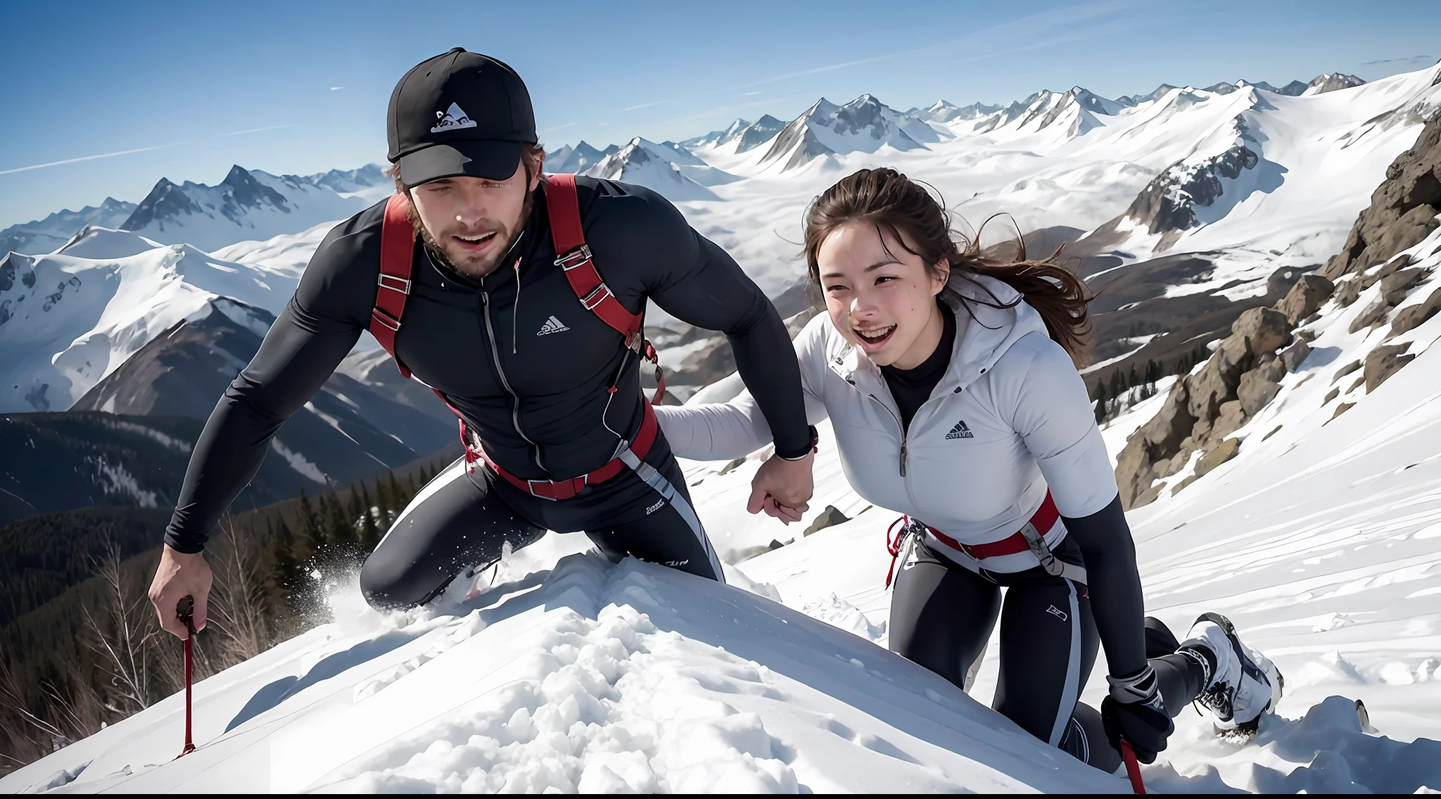 Create an image that represents the strength of the relationship as you overcome obstacles together. Show the couple climbing a mountain, facing physical and mental challenges. Highlight teamwork, determination and mutual trust on their faces, conveying the idea that they are able to overcome any difficulty while they are together.