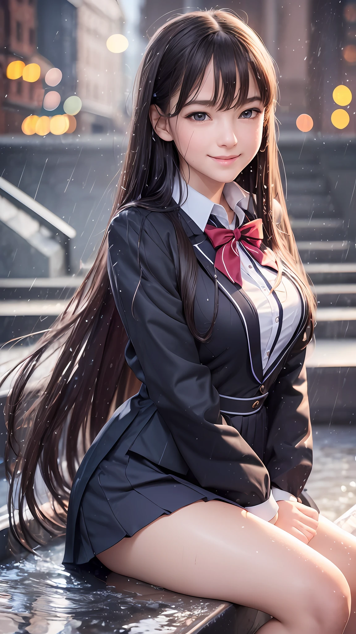 (8K), (Best Quality: 1.2), (Realistic), (Photorealistic: 1.35), (Dignified expression)))), Ultra High Definition, 1 Girl, Cute, Smile, Closed mouth, Beautiful in detail, Beautiful nose, Full body, Wet hair, Colossal, School uniform, Thighs, High fleshy, Sitting on the stairs,