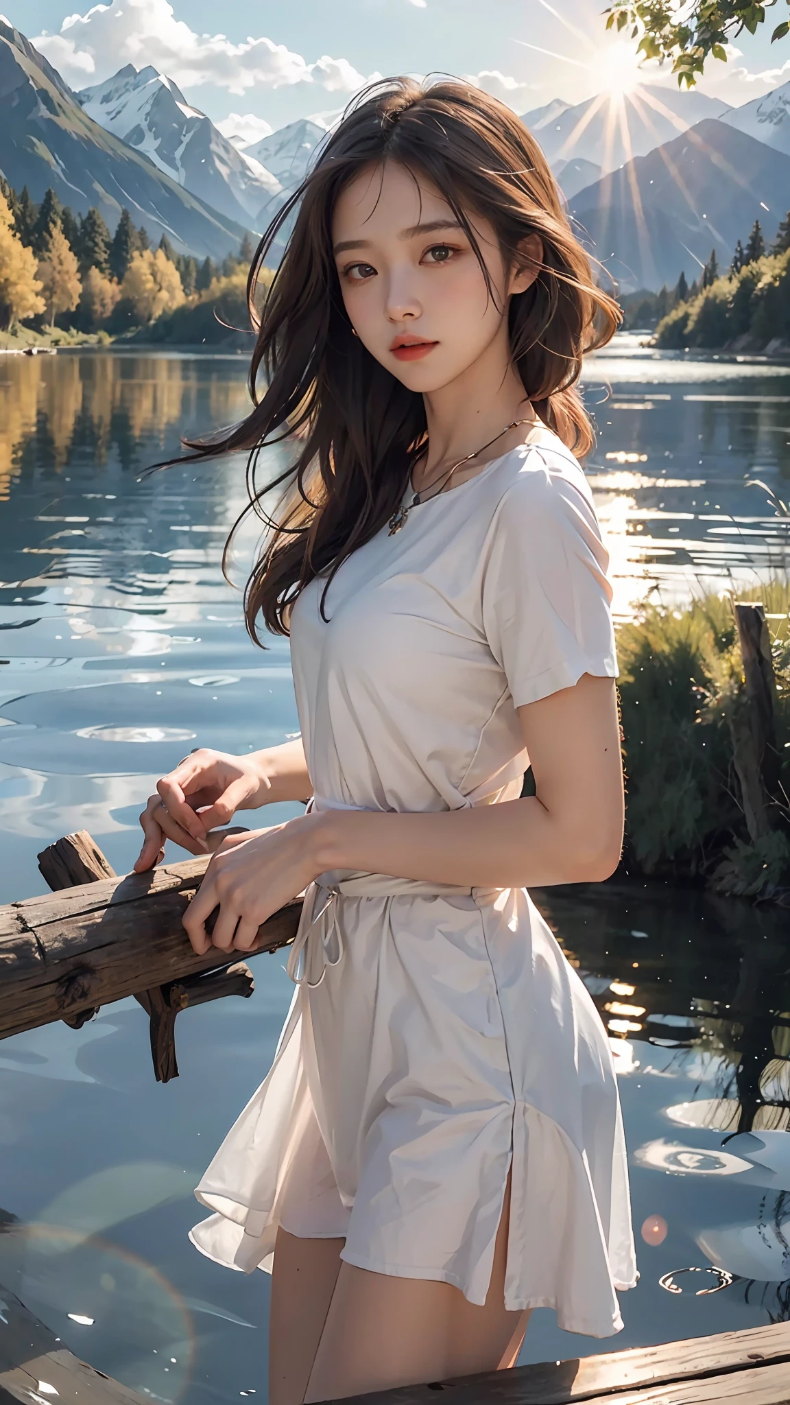 1 girl, charming eyes, long hair, flowing skirt, calm posture, porcelain-like skin, subtle blush, crystal pendant BREAK Golden Hour, (edge lighting): 1.2, warm colors, sun flare, soft shadows, vivid colors, painting effects, fantastic atmosphere , scenic lakes, distant mountains, willows, calm water, reflections, sunlit clouds, tranquil atmosphere, idyllic sunsets, super detailed,