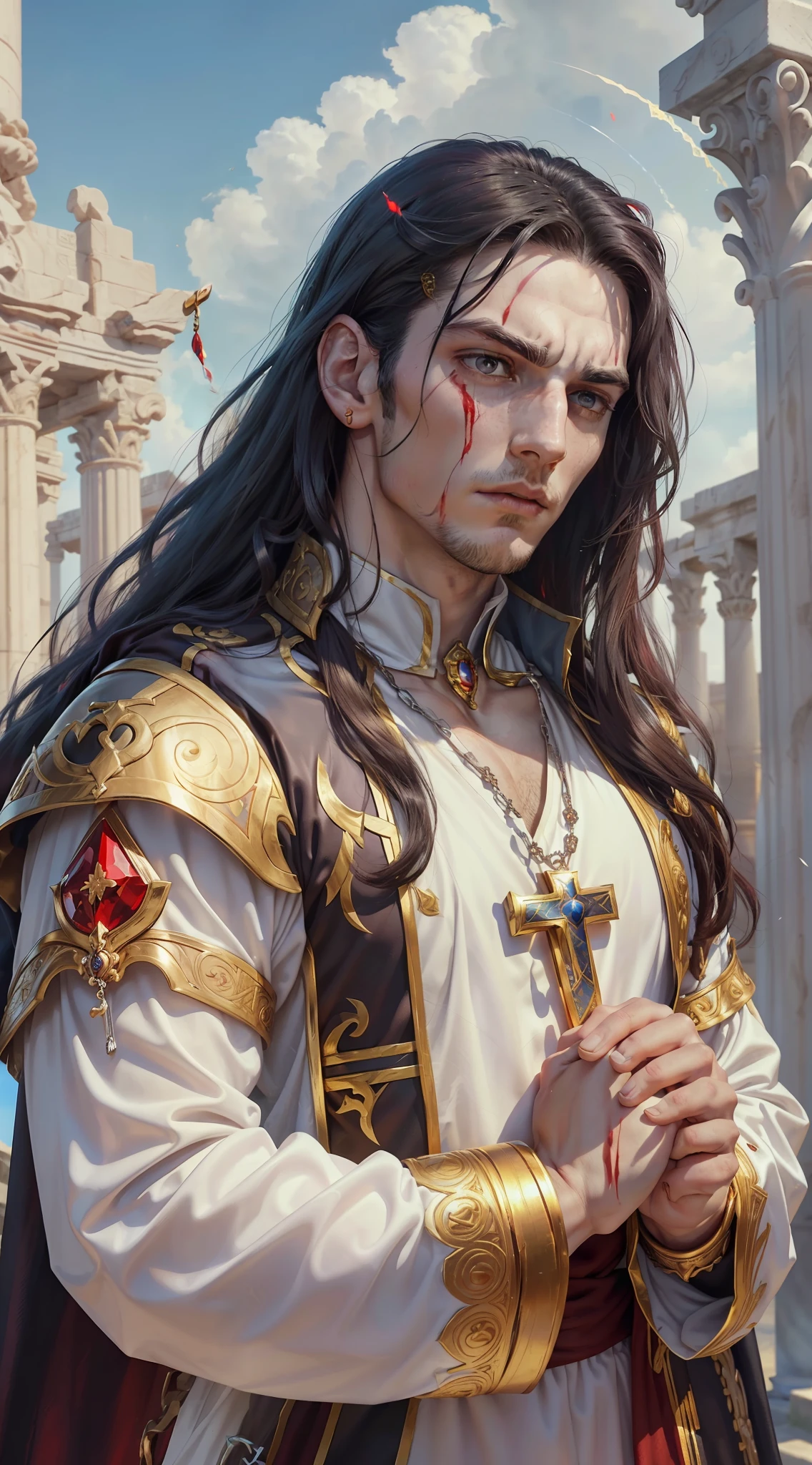 A young man, ((((solo)))), (25 years old, pale skin, tall, pale skin, round face, square jaw, completely red eyes, long black hair pinned, thick eyebrow), (he has a small red jewel in the middle of his forehead: 1.30) (he is a holy paladin, wears a costume of long fabric with sleeves, of red and white colors, with shoulder pads and gold and silver bracelets), (he's bleeding, his fist on his chest beating continence, with a rosary in hand, in an ancient city, with white marble structures, with a rose garden in the background, blue sky, close-up, medieval fantasy), (he conjures a red energy around him)