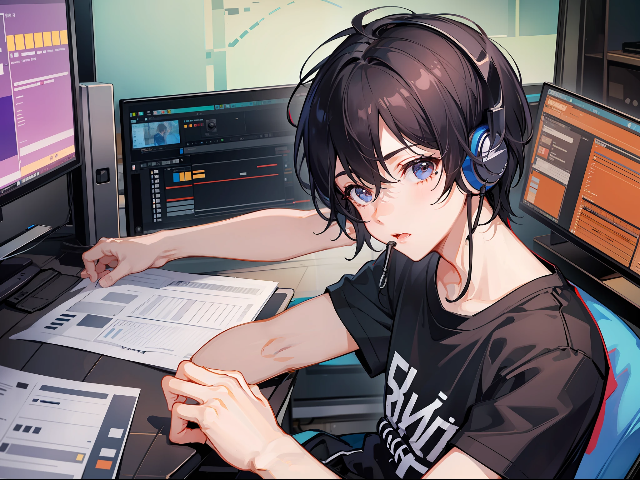 A boy with short black hair, a beauty mole at the corner of his eye, wearing a T-shirt, sitting in the dubbing studio with a headset