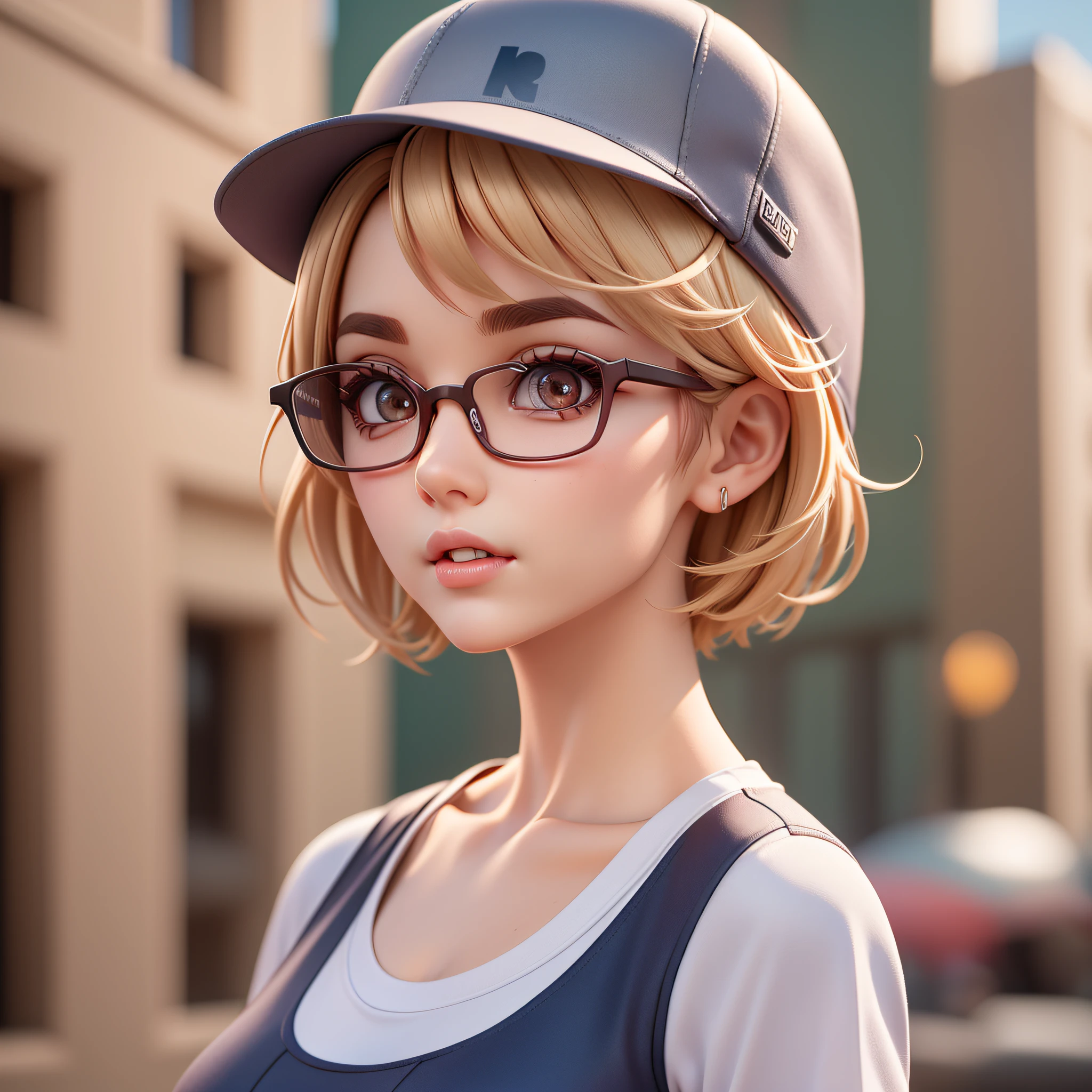 (Pixar 1.25 style) 1 virgin ((upper body front, bust shot)), solo, front, very pretty face, very detailed eyes, very detailed nose, very detailed mouth, short hair, beauty, Korean, sophisticated feeling, sportswear, glasses, hats, downtown area, ((masterpiece, highest quality)), (composite lighting)