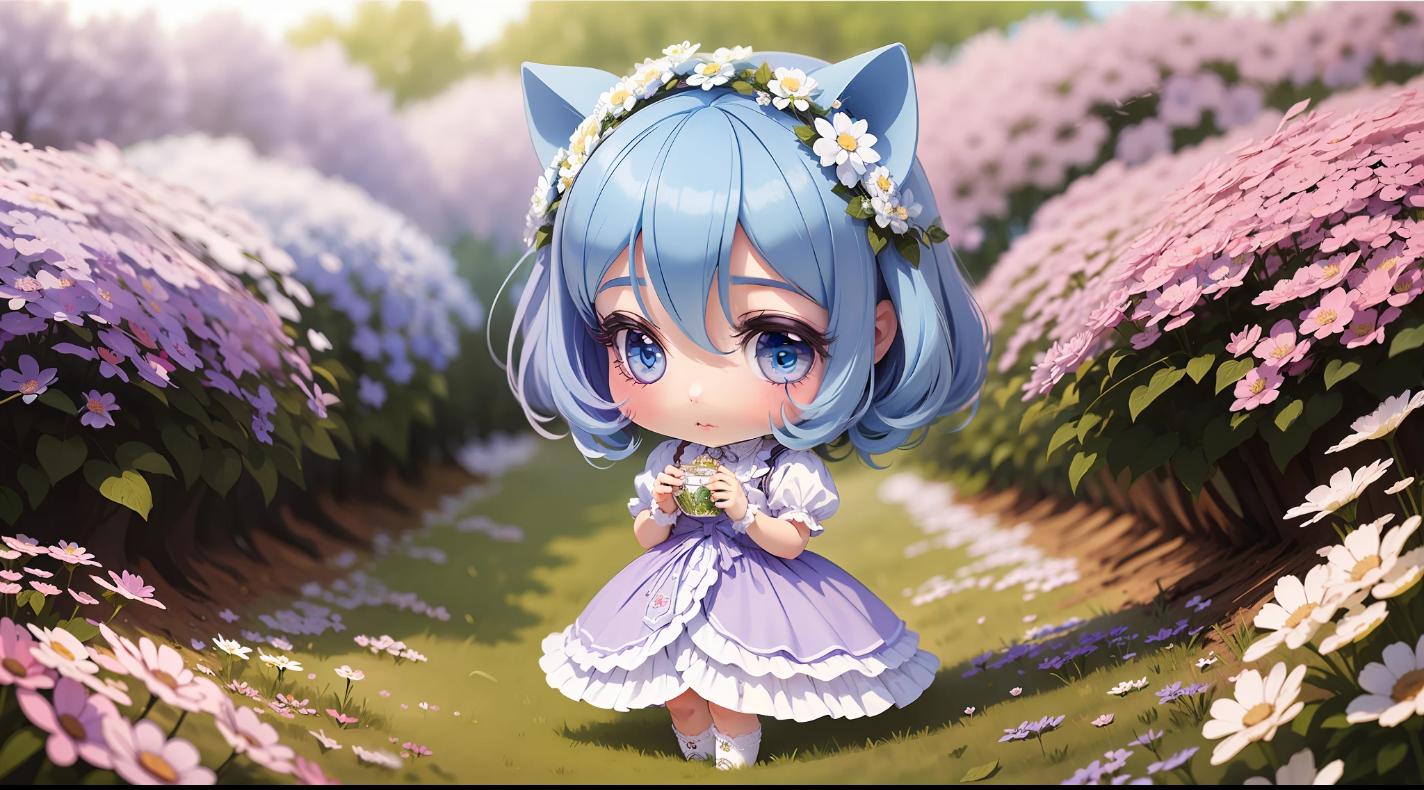(best quality, masterpiece),(with ultra-detailed details, lots of details),lovely,rainbow colored hair,many colors,violet colored eyes,white dress with light blue details (1girl chibi),flowery field,light blue,spring afternoon.