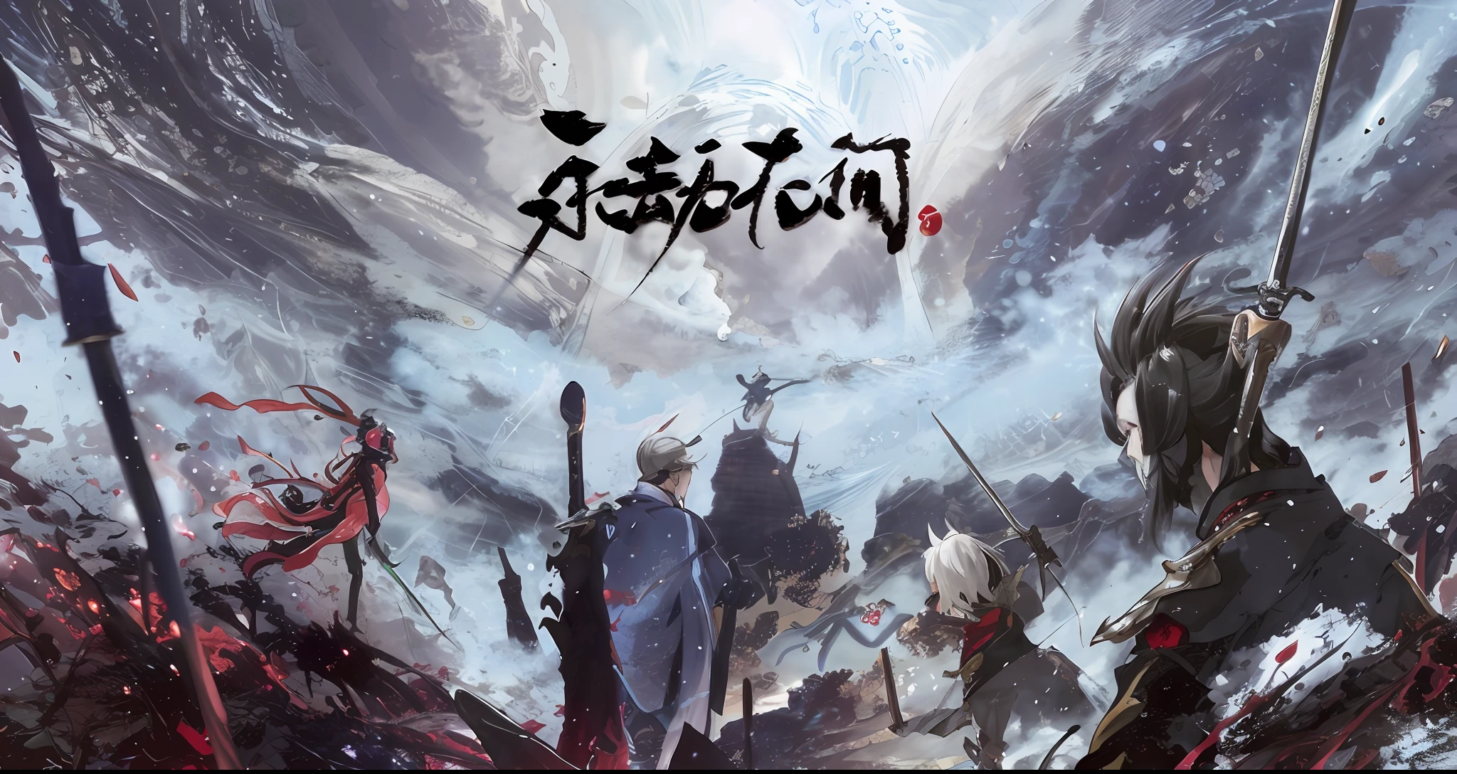 anime poster of a group of people with swords and a demon, onmyoji, key art, game cg, onmyoji detailed art, front cover of a new video game, 2. 5 d cgi anime fantasy artwork, key visual, genshin impact, genshin, 千 葉 雄 大, game key art, game cover