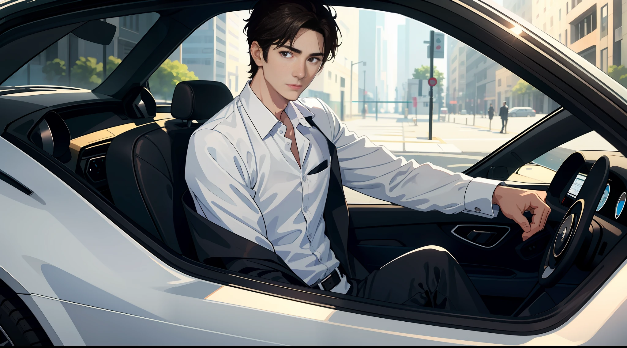 Masterpiece, best quality, (1man:1.3), mature man, black suit, white shirt, short brown hair, street, delicate facial features, black eyes, white skin, sports car
