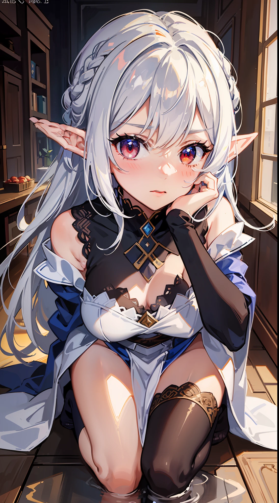 1 Close-up portrait of girl, elf, silver hair, red eyes, bob cut, braid, ((facing forward)), ((putting both hands on one's face)), (surprised), (blushing), fantasy style costume, wizard, robe, long skirt, tights, indoors, kneeling, concept art, beautiful anime scene, beautiful anime scenery, top rated on pixiv, highest quality, 4K