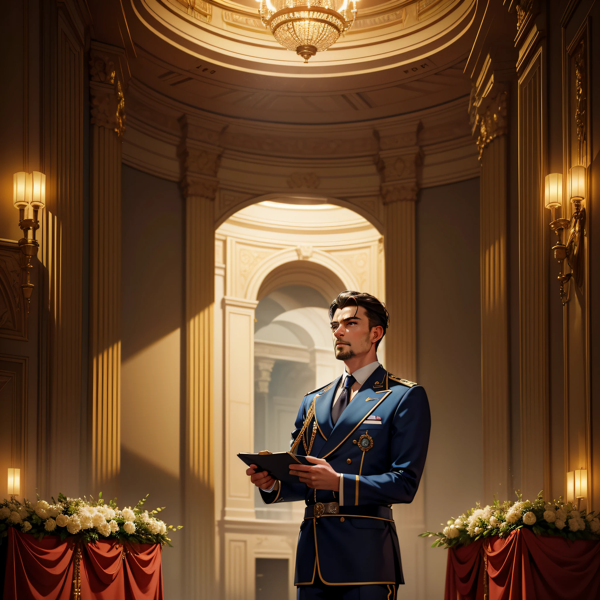 Photo Raw, (masterpiece), (best quality), [(perfect eyes high details)],[(perfect face symmetrical high details)], (skin high details), [(perfect hands high details)],(general plan), 1male man gives a speech in the ballroom, he makes an announcement, he announces in the ballroom, epic biblical representation, 8k, UHD, night, cinematic lighting, --s2