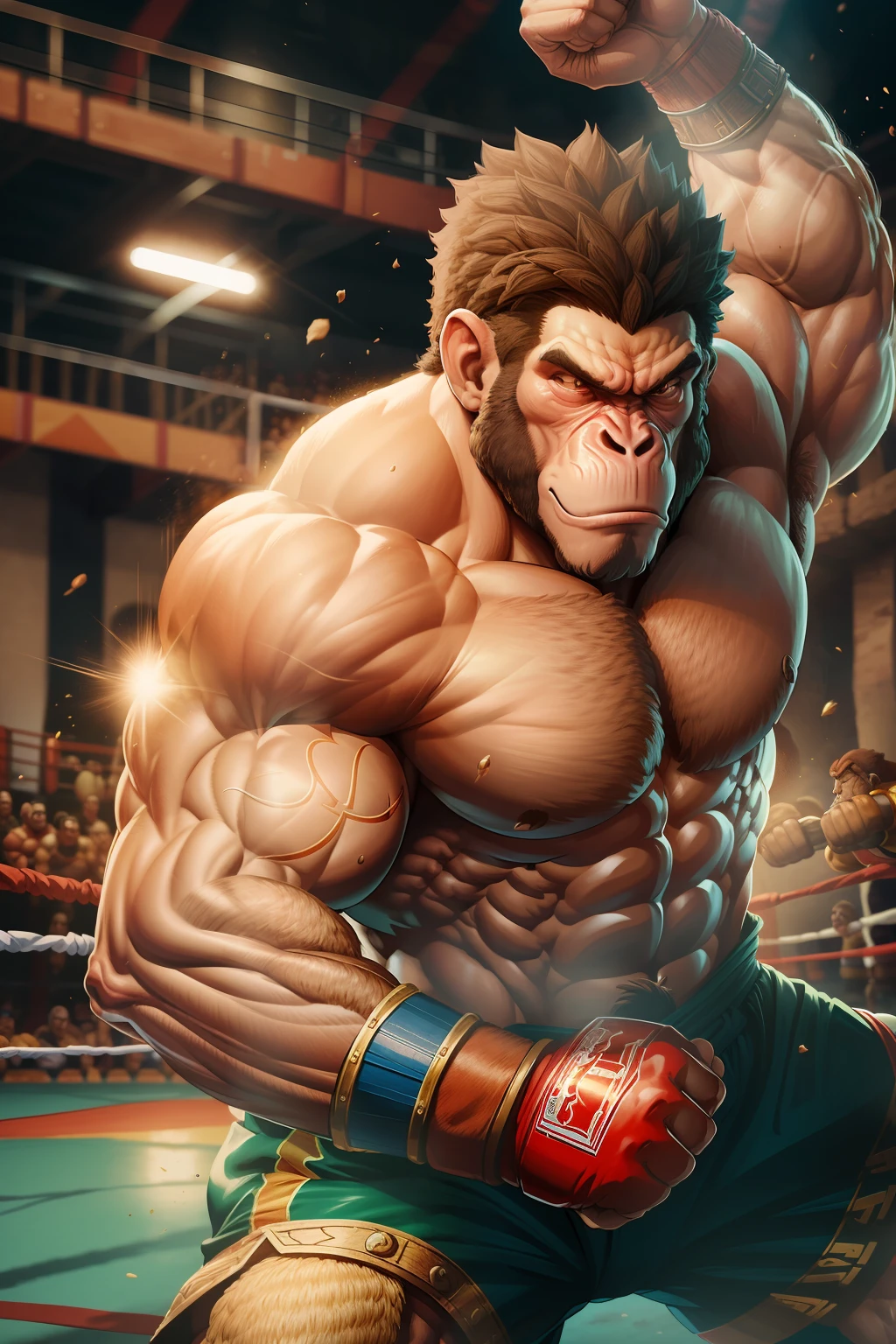 Strong man, muscles to sample with monkey head, in a fighting arena --auto --s2