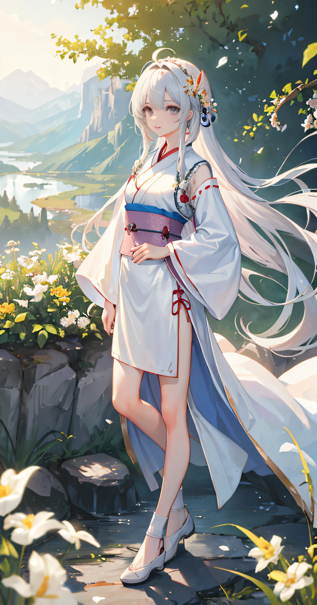 (Masterpiece: 1.5), (Best Quality: 1.5), (Super Fine: 1.5), Illustration, Denim Photo, 1 Girl, Solo, (Building), Perfect Face, Flowers Handheld, Colorful Butterfly, Radiant Skin, Long Hair, Slender Legs, Small White Shoes, Beautiful Fine Eyes, Beautiful Long Flowing Hair, (ru_qun: 1.5), (Hanfu: 1.5), Hanfu, White Skirt, White Stockings, (Bloom), Lighting, Ray Tracing, Outdoor, Mountains, Nature, Hair Accessories, headband, hands on hips, looking at the audience, ahoge, big breasts, (depth of field: 1.5), headdress, forest,
