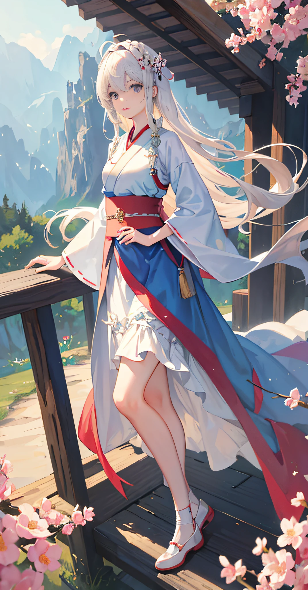 (Masterpiece: 1.5), (Best Quality: 1.5), (Super Fine: 1.5), Illustration, Denim Photo, 1 Girl, Solo, (Building), Perfect Face, Flowers Handheld, Colorful Butterfly, Radiant Skin, Long Hair, Slender Legs, Small White Shoes, Beautiful Fine Eyes, Beautiful Long Flowing Hair, (ru_qun: 1.5), (Hanfu: 1.5), Hanfu, White Skirt, White Stockings, (Bloom), Lighting, Ray Tracing, Outdoor, Mountains, Nature, Hair Accessories, headband, hands on hips, looking at the audience, ahoge, big breasts, (depth of field: 1.5), headdress, forest,