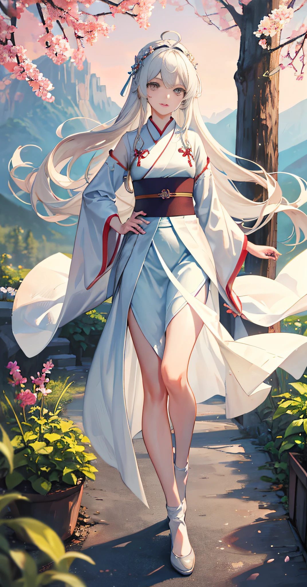 (Masterpiece: 1.5), (Best Quality: 1.5), (Super Fine: 1.5), Illustration, Denim Photo, 1 Girl, Solo, (Building), Perfect Face, Flowers Handheld, Colorful Butterfly, Radiant Skin, Long Hair, Slender Legs, Small White Shoes, Beautiful Fine Eyes, Beautiful Long Flowing Hair, (ru_qun: 1.5), (Hanfu: 1.5), Hanfu, White Skirt, White Stockings, (Bloom), Lighting, Ray Tracing, Outdoor, Mountains, Nature, Hair Accessories, headband, hands on hips, looking at the audience, ahoge, big breasts, (depth of field: 1.5), headdress, forest,