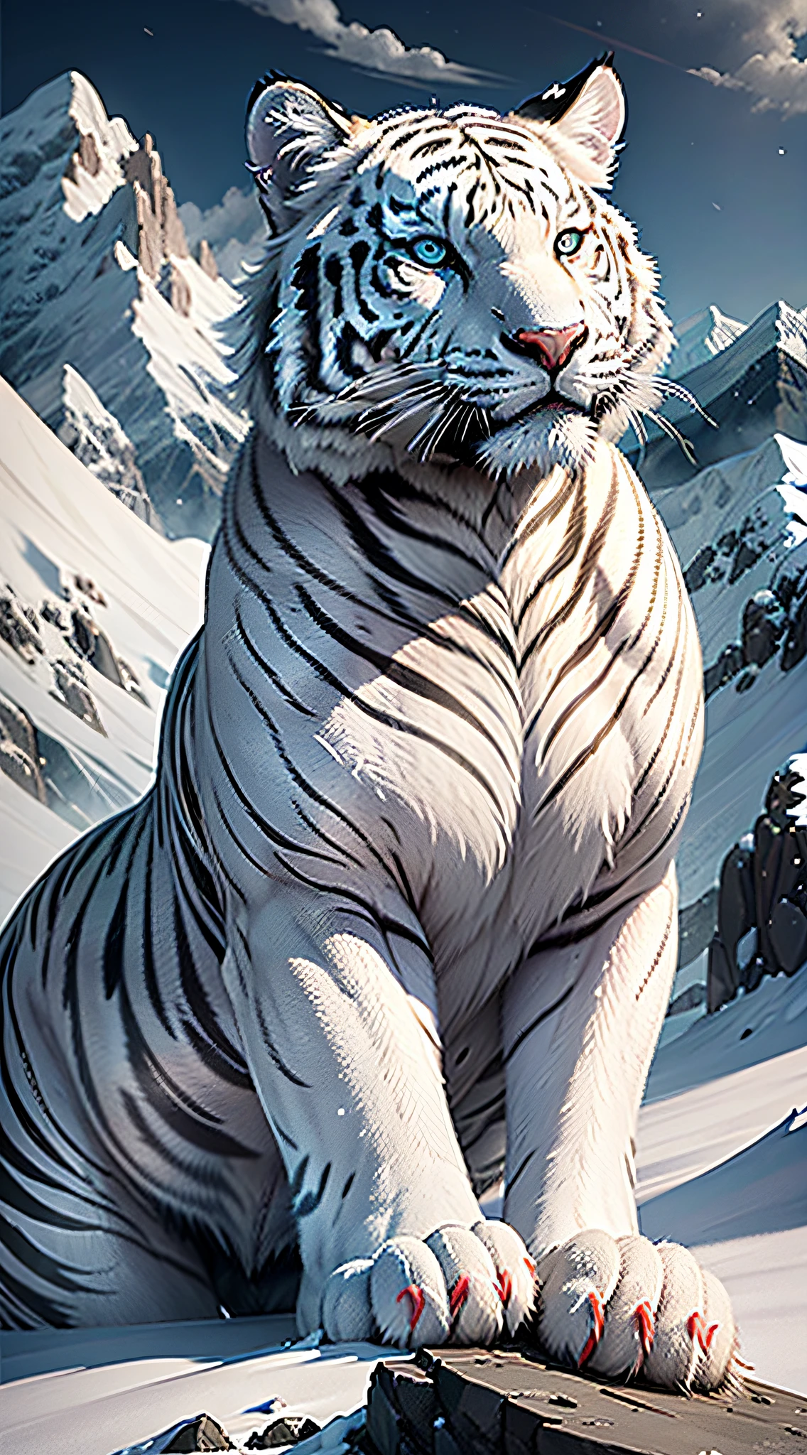 Mountains and seas through white tigers, sacred beasts, white tiger body tall, strong, white hair, like a white tiger made of clouds, its eyes are bright and spiritual, several feet long, the white tiger is a mountain spirit beast, its divine light Rui, the white tiger is a huge, snow-white spirit beast, living above the nine peaks, the tiger descends the mountain, the background is lofty mountains, there are ancient buildings below, lightning and lightning, the face is delicate details, the mouth is open, the perfect fangs, the neck has a thick mane, clear outline, perfect details, epic composition, the scene is grand, Ultra-realistic, surreal,