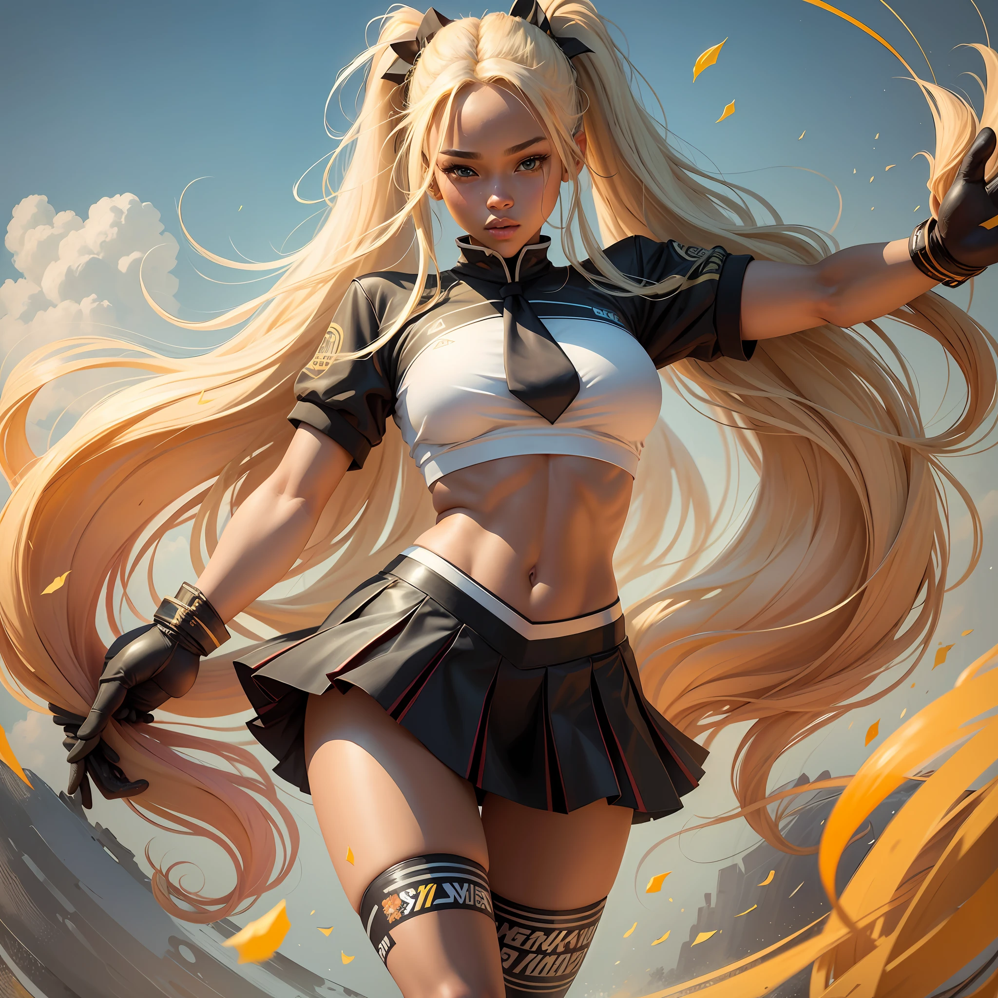 Best quality, best definition, best art, artwork, gorgeous, painting, blonde hair, long blonde hair, perfect hair, long hair, ponytail hairstyle, perfect skin, black skin, cheerleader, skirt and top, cheerleader outfit, full body, full body, skirt and cheerleader top, full body.