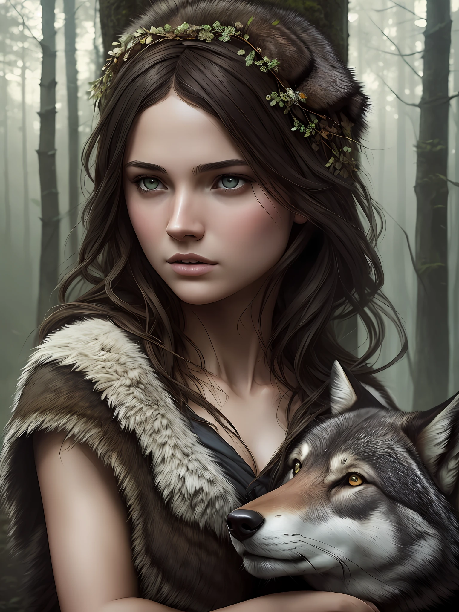 hyper realistic portrait of beautiful, gorgeous brunette female, 25 year old, snuggling a wolf, in the woods, detailed face, perfect eyes, captivating and tempting pose, high-detailed hands and fingers, realistic shaded, hyperrealism, intricate, , under Tyndall light effect, lens flare, trending on artstation, sharp focus, studio photo, intricate details, highly detailed, by greg rutkowski The Girl with the Wolf in the Dark Forest detailed digital painting, a photorealistic painting, art photography