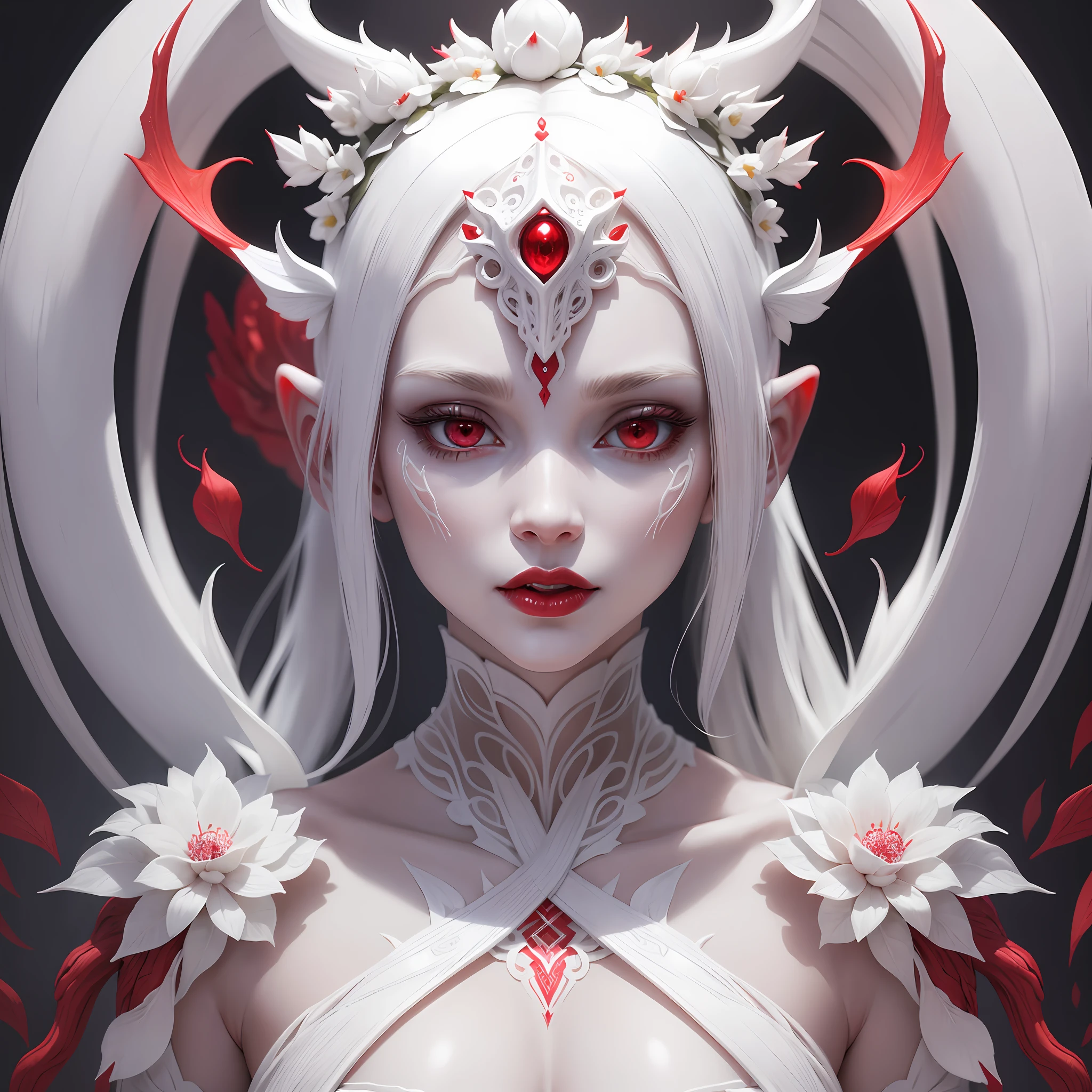 very beautiful woman, detailed face, intense red lipstick, hybrid of human and albino alien with head with very detailed white ornament, white ornament as a single limb, hybrid very white skin, hyper detailed, intricately detailed white clothing, fantastic creature image , very white skin, --auto --s2