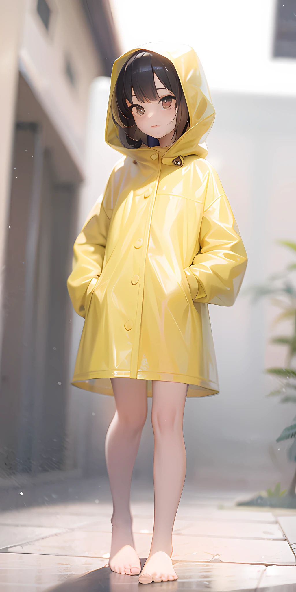 Girl in yellow translucent raincoat, optimize hair details, optimize skin details, highlight raincoat translucent texture, highlight raincoat gel coat texture, optimize clarity, 4K