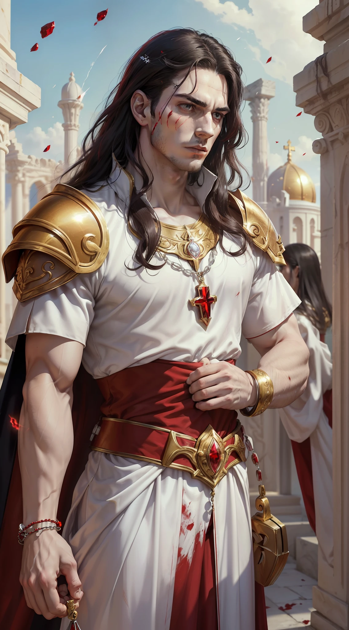 A young man, (((solo))), (25 years old, pale skin, tall, pale skin, round face, square jaw, completely red eyes, long black hair: 1.50, thick eyebrow, straight face), (he has a small red jewel in the middle of his forehead: 1.30) (he is a holy paladin, wears a costume of long fabric, of red and white colors, with shoulder pads and gold and silver bracelets), (he's bleeding, his fist on his chest beating continence, with a rosary in hand, in an ancient city, with white marble structures, with a rose garden in the background, blue sky, close-up, medieval fantasy), (he conjures a red energy around him)