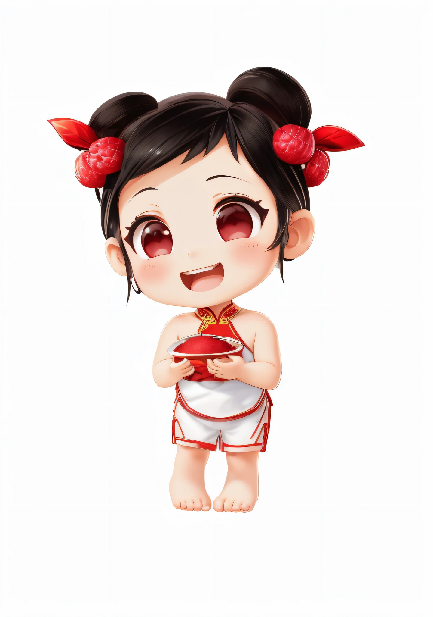 (Masterpiece: 1.3), (Best Quality: 1.3), (Masterpiece: 1.3), (Best Quality: 1.3), (8k wallpaper), (Ultra High Resolution), Full Body, (Bicephal: 2), (Natural Skin Texture), (Beautiful and Beautiful), (Very Detailed CG, Intricate Details), White Background, (White Background: 1.5), 1 Girl, Cute, Happy Face, Black Hair, Solo, Chibi, Hair Accessories, .Chibi, (Lychee: 0.5), (Double Lychee: 0.2), ( Chinese style: 1.5), Hanfu, red belly pocket, sleeveless, horse face clothing, barefoot, no shoes.