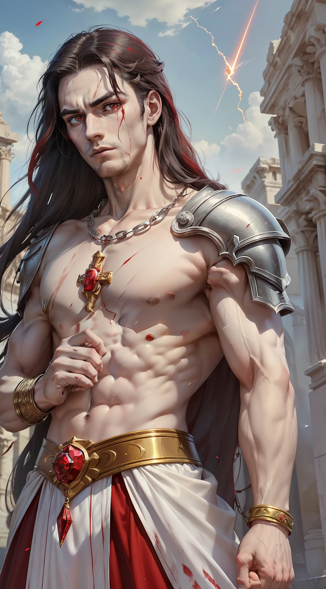 A young man, (((solo))), (25 years old, pale skin, tall, pale skin, round face, square jaw, completely red eyes, long black hair: 1.50, thick eyebrow, straight face), (he has a small red jewel in the middle of his forehead: 1.30) (he is a holy paladin, wears a costume of long fabric, of red and white colors, with shoulder pads and gold and silver bracelets), (he's bleeding, his fist on his chest beating continence, with a rosary in hand, in an ancient city, with white marble structures, with a rose garden in the background, blue sky, close-up, medieval fantasy), (he conjures a red energy around him)