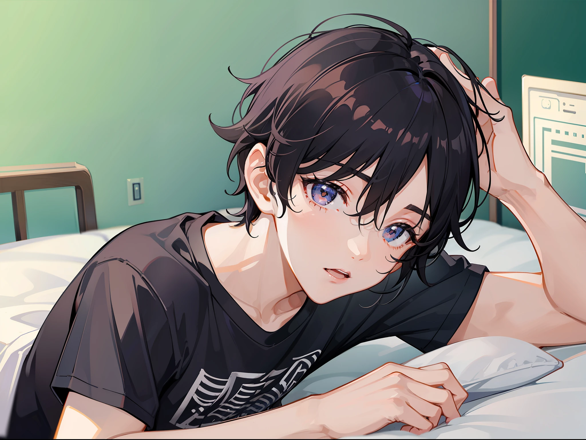 A boy with short black hair, a beauty mole in the corner of his eye, wearing a T-shirt, lying on the bedroom bed, dreaming