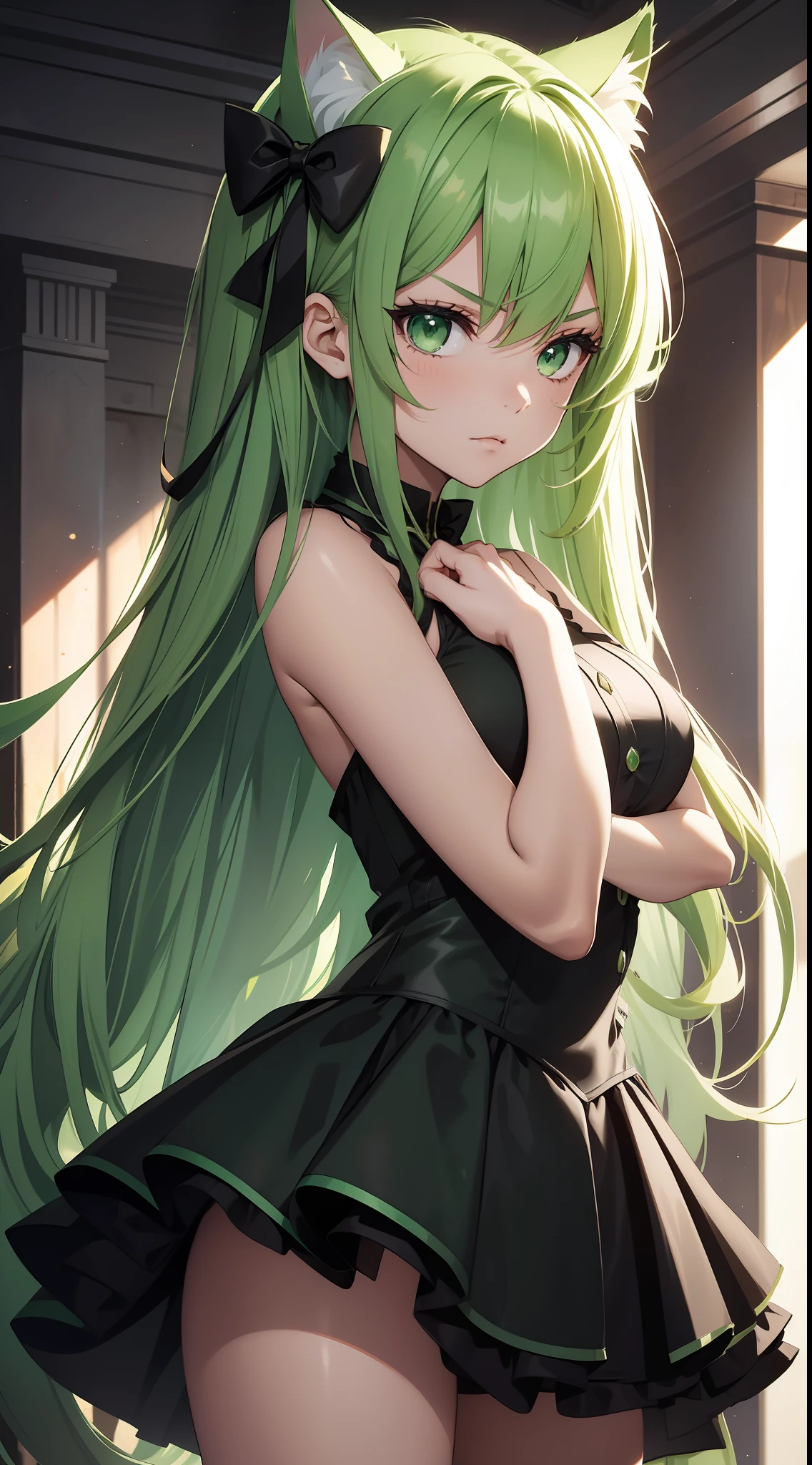 Young girl, long green hair, green eyes, cat ears, sleeveless combat dress, bow, serious look, masterpiece, high quality