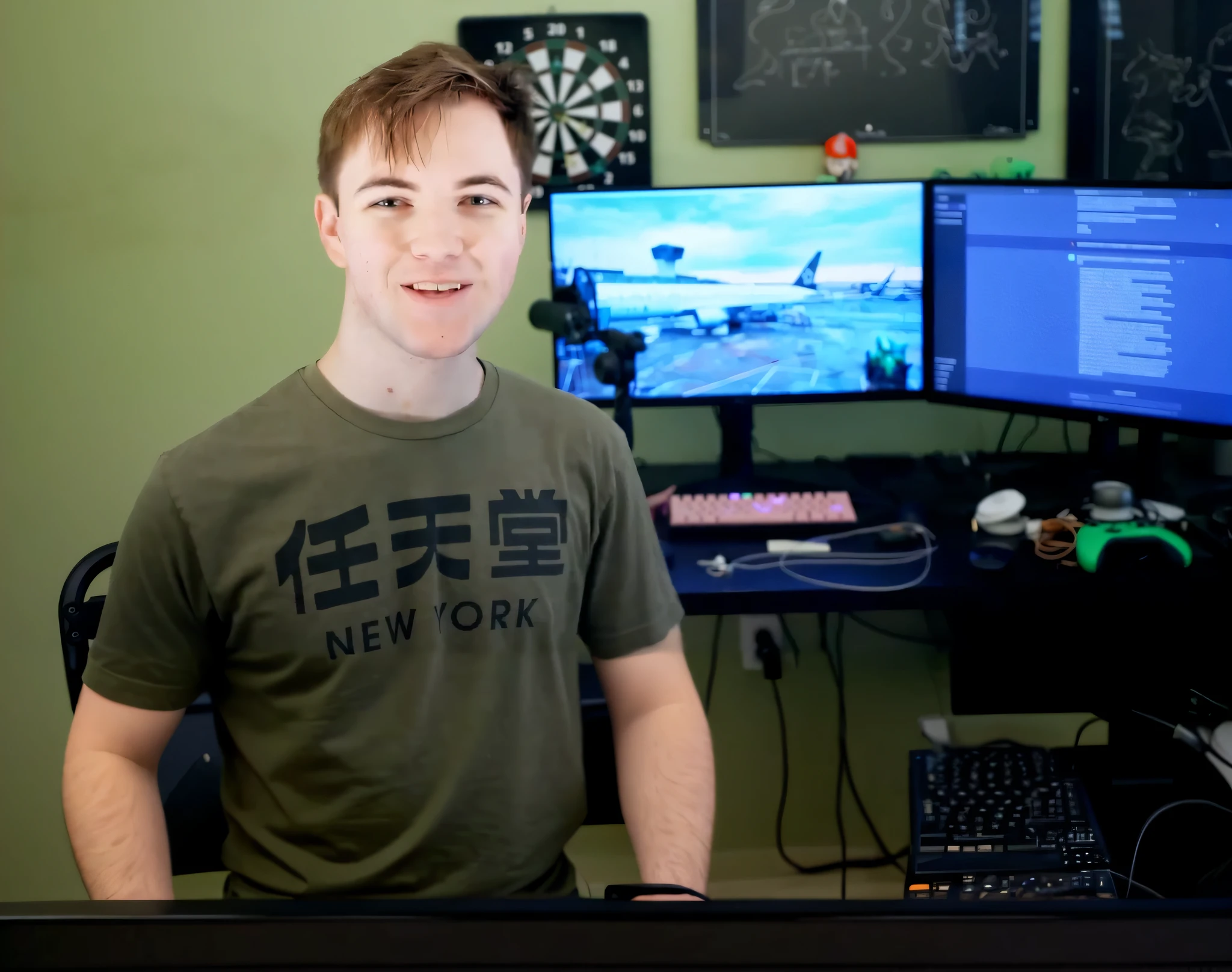 there is a man standing in front of a computer desk with two monitors, linus tech tips, linus from linustechtips, twitch streamer / gamer ludwig, twitch streamer, in front of a computer, streaming on twitch, headshot profile picture, profile picture 1024px, flying ships in the background, irish youtuber, acecombat, tyler west